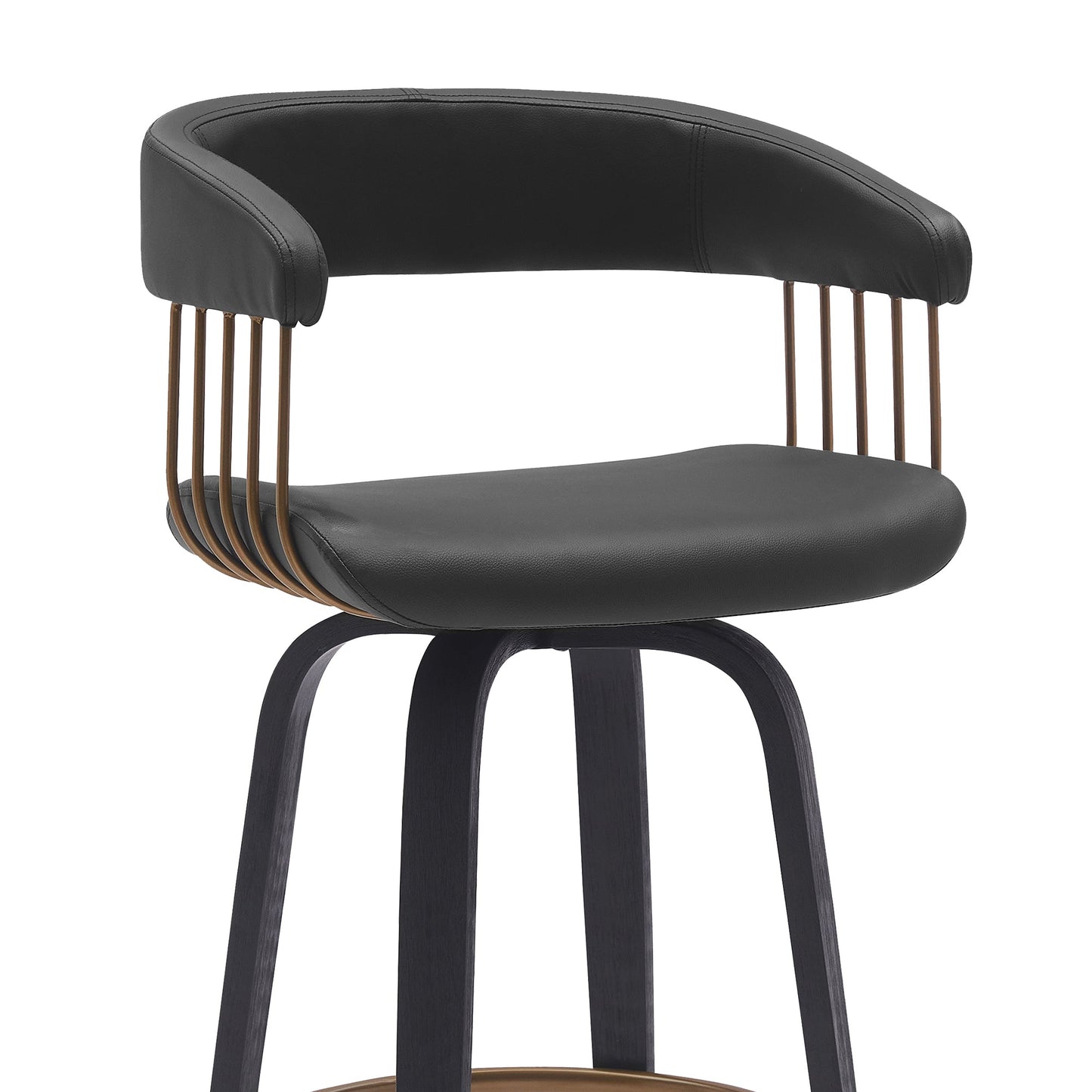 Topanga 26" Swivel Black Wood Counter Stool in Black Faux Leather with Golden Bronze Metal