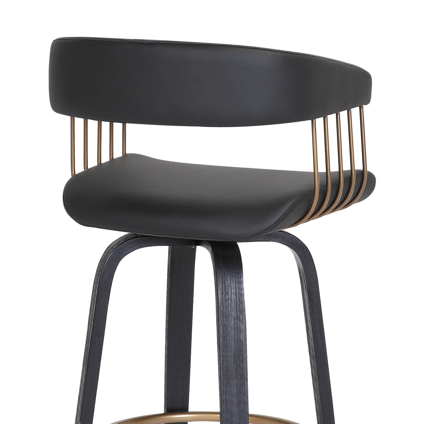 Topanga 26" Swivel Black Wood Counter Stool in Black Faux Leather with Golden Bronze Metal