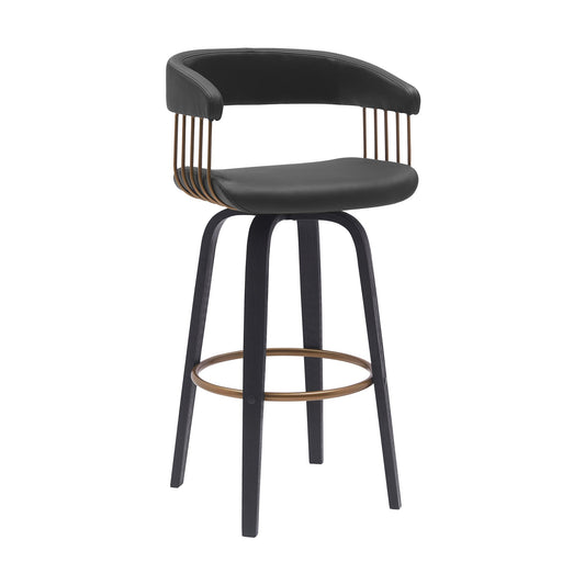 Topanga 30.5" Swivel Black Wood Bar Stool in Black Faux Leather with Golden Bronze Metal