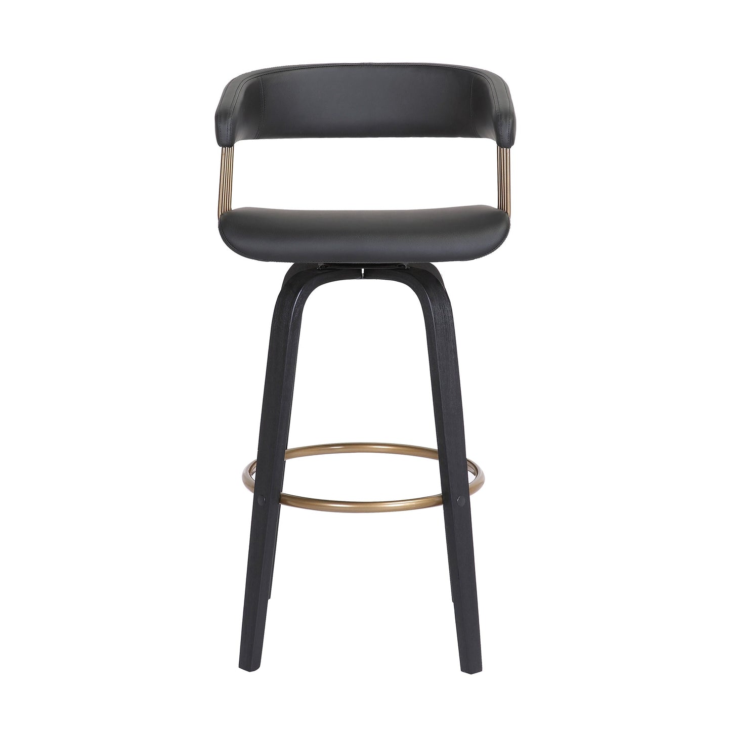 Topanga 30.5" Swivel Black Wood Bar Stool in Black Faux Leather with Golden Bronze Metal