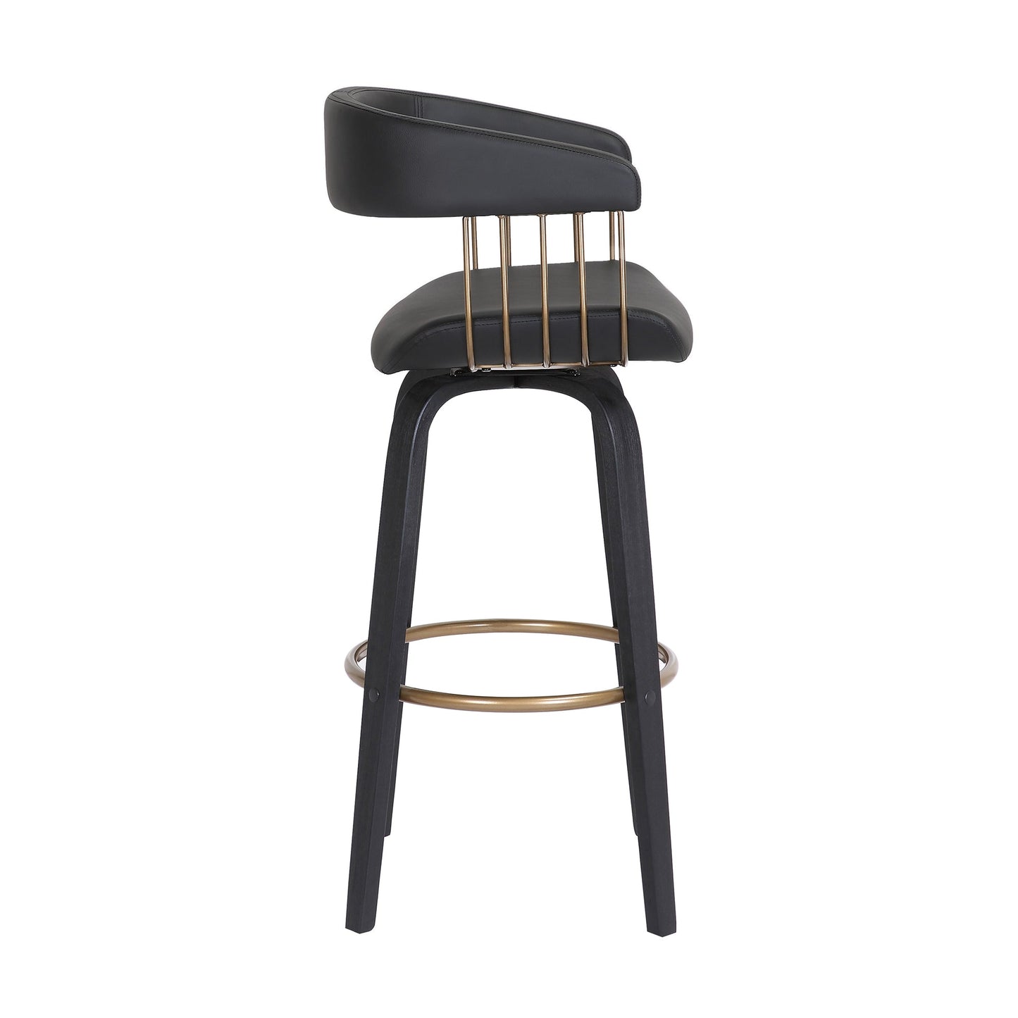 Topanga 30.5" Swivel Black Wood Bar Stool in Black Faux Leather with Golden Bronze Metal