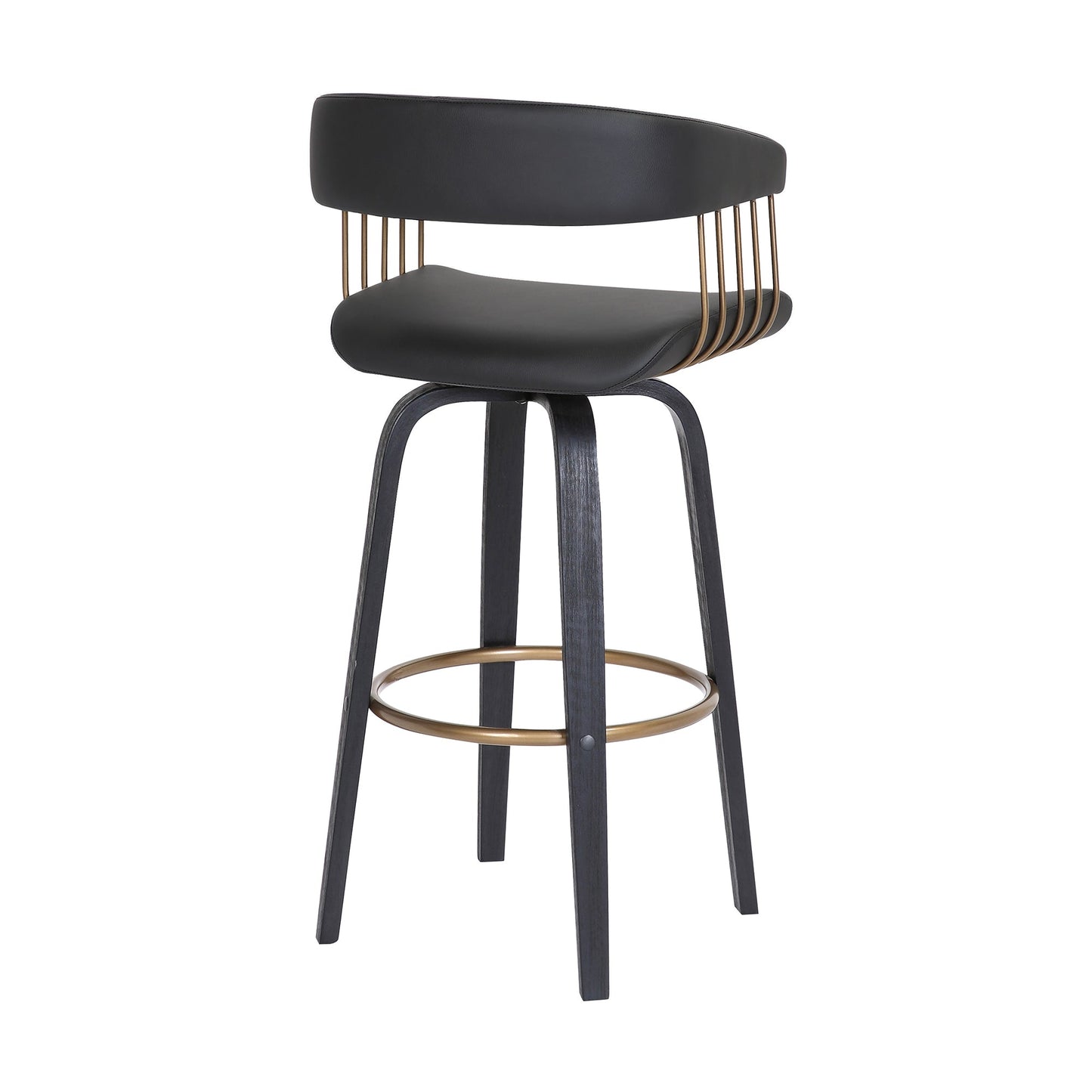 Topanga 30.5" Swivel Black Wood Bar Stool in Black Faux Leather with Golden Bronze Metal