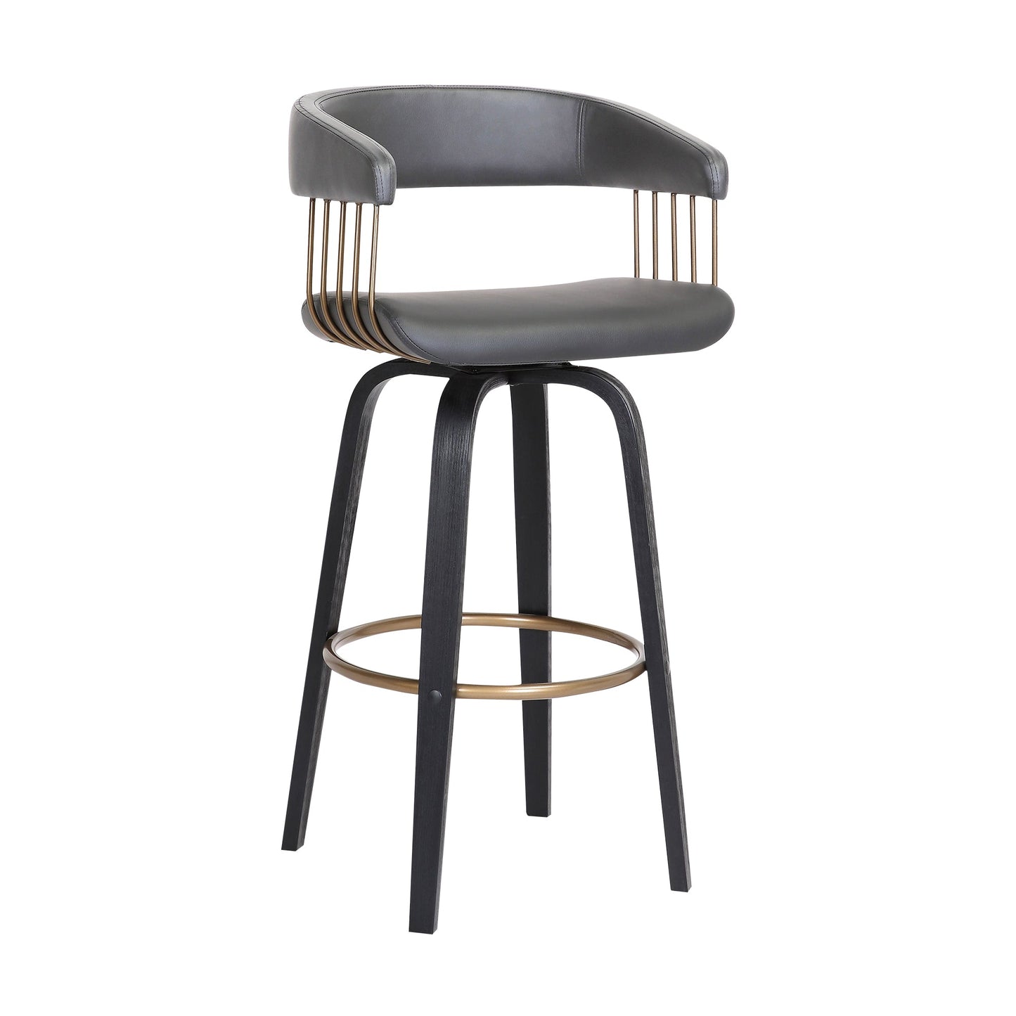 Topanga 26" Swivel Black Wood Counter Stool in Gray Faux Leather with Golden Bronze Metal