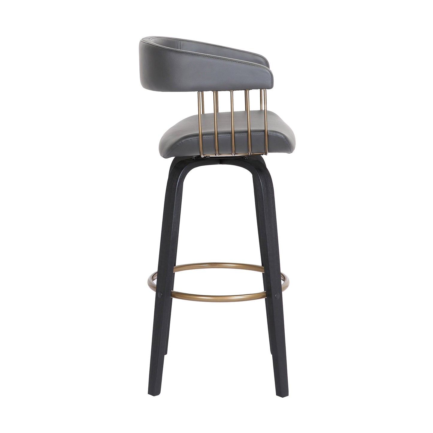 Topanga 26" Swivel Black Wood Counter Stool in Gray Faux Leather with Golden Bronze Metal