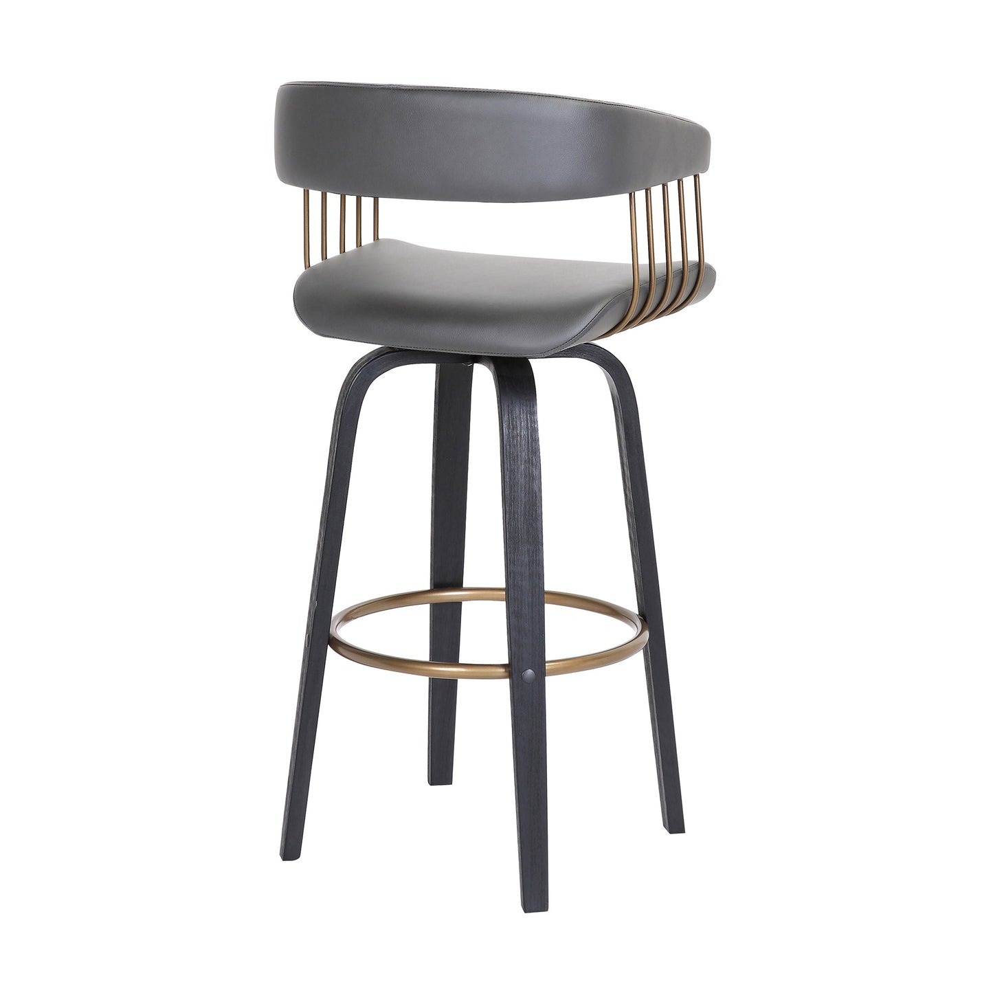 Topanga 26" Swivel Black Wood Counter Stool in Gray Faux Leather with Golden Bronze Metal