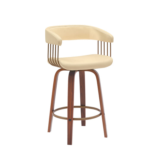 Topanga 26" Swivel Walnut Wood Counter Stool in Cream Faux Leather with Golden Bronze Metal