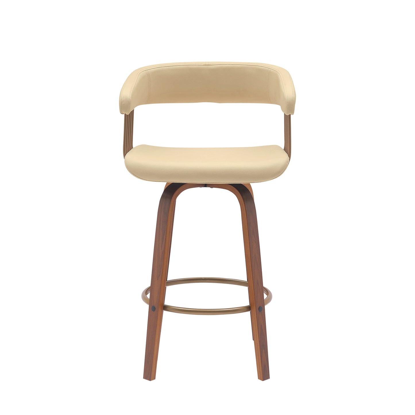 Topanga 26" Swivel Walnut Wood Counter Stool in Cream Faux Leather with Golden Bronze Metal