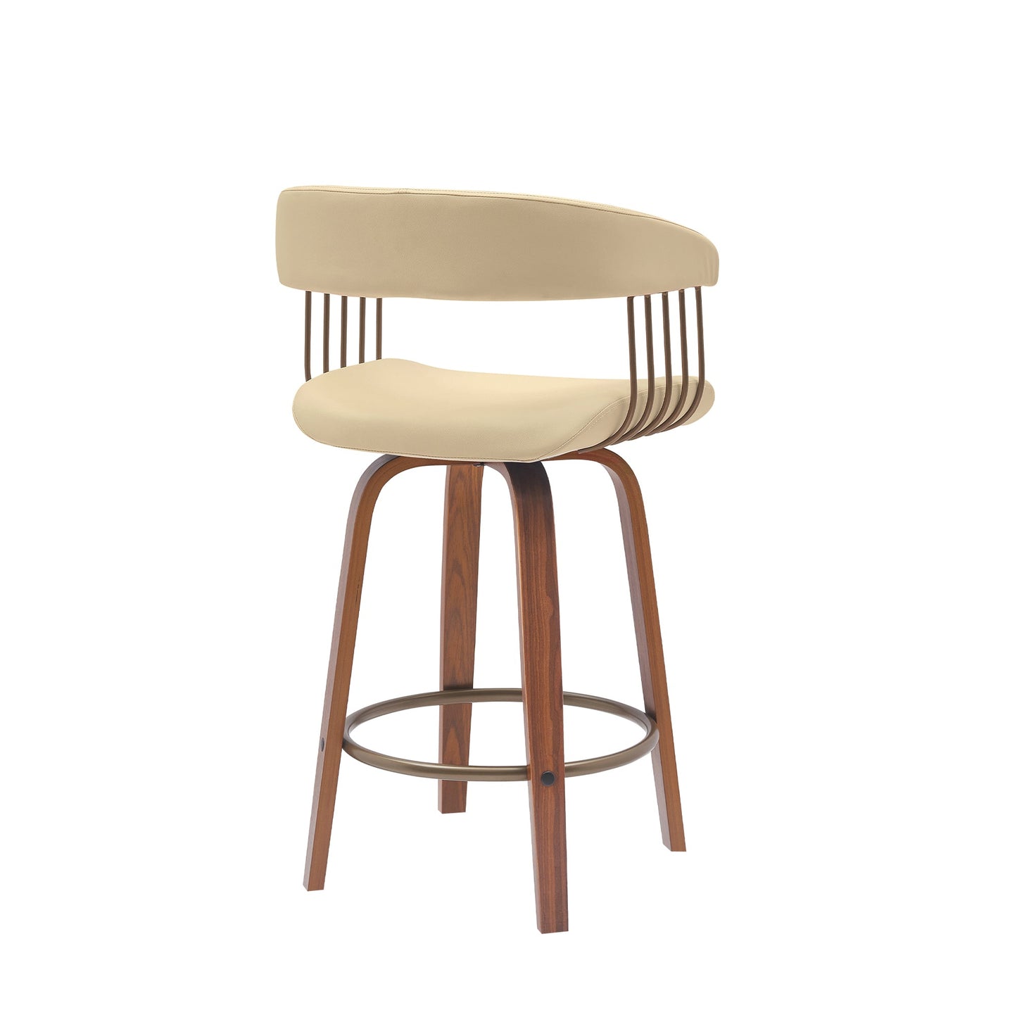 Topanga 26" Swivel Walnut Wood Counter Stool in Cream Faux Leather with Golden Bronze Metal