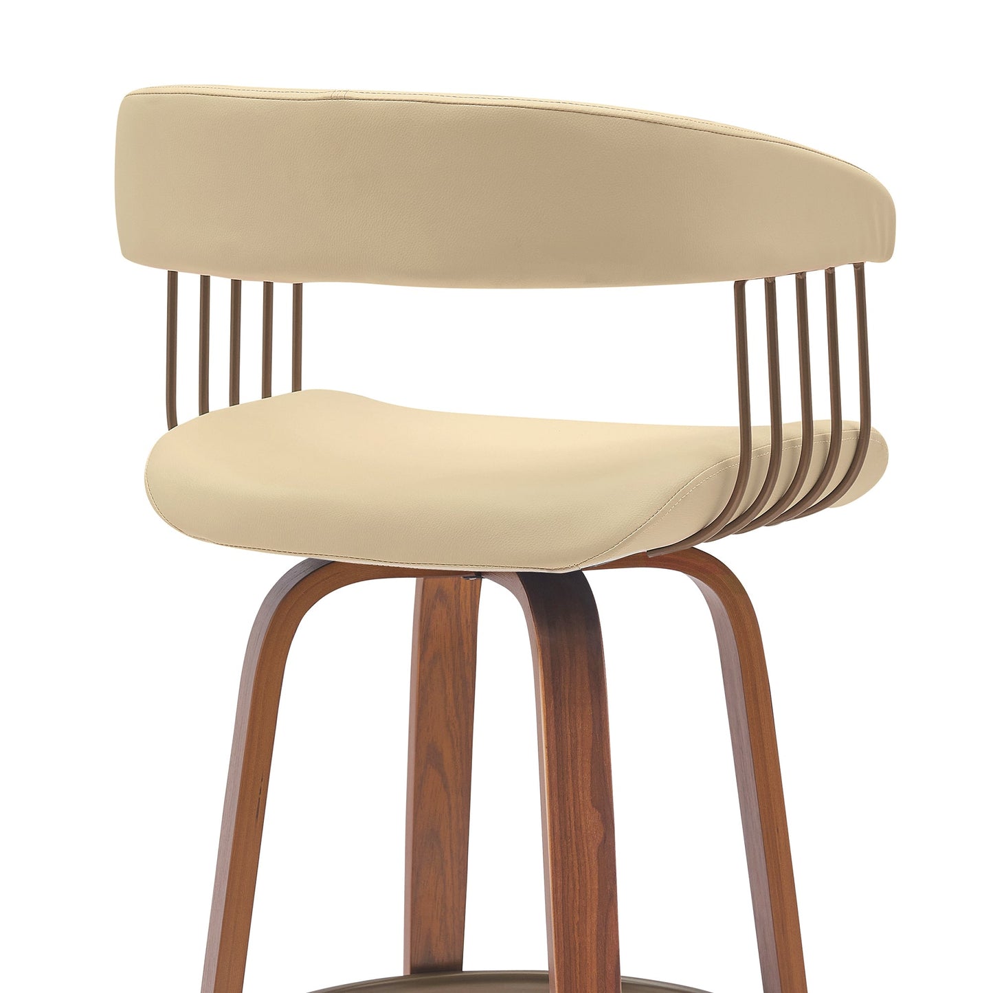 Topanga 26" Swivel Walnut Wood Counter Stool in Cream Faux Leather with Golden Bronze Metal