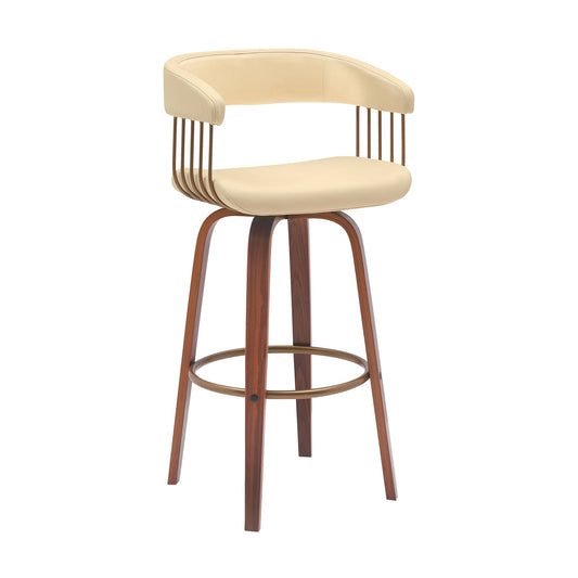 Topanga 30.5" Swivel Walnut Wood Bar Stool in Cream Faux Leather with Golden Bronze Metal