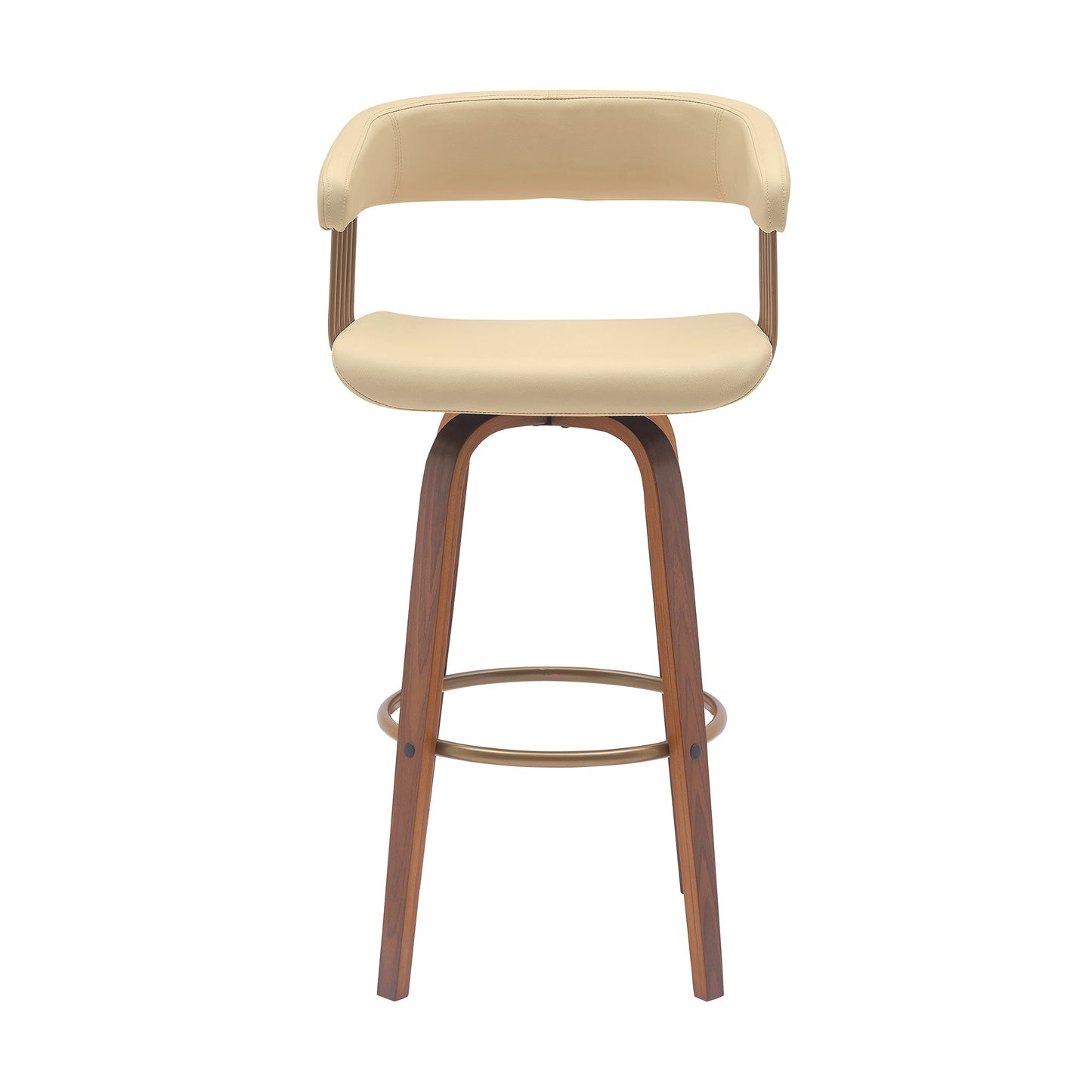 Topanga 30.5" Swivel Walnut Wood Bar Stool in Cream Faux Leather with Golden Bronze Metal