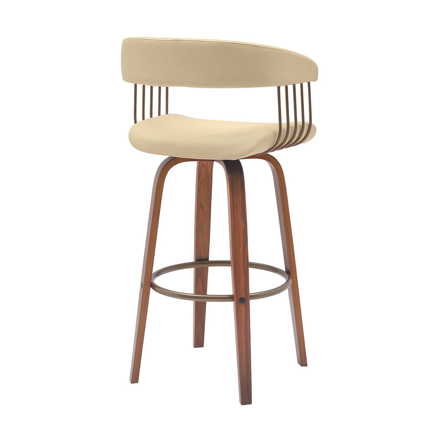 Topanga 30.5" Swivel Walnut Wood Bar Stool in Cream Faux Leather with Golden Bronze Metal