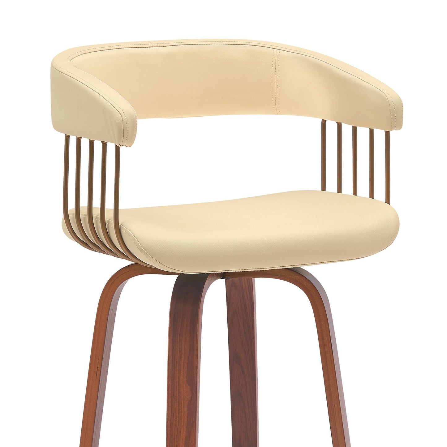 Topanga 30.5" Swivel Walnut Wood Bar Stool in Cream Faux Leather with Golden Bronze Metal