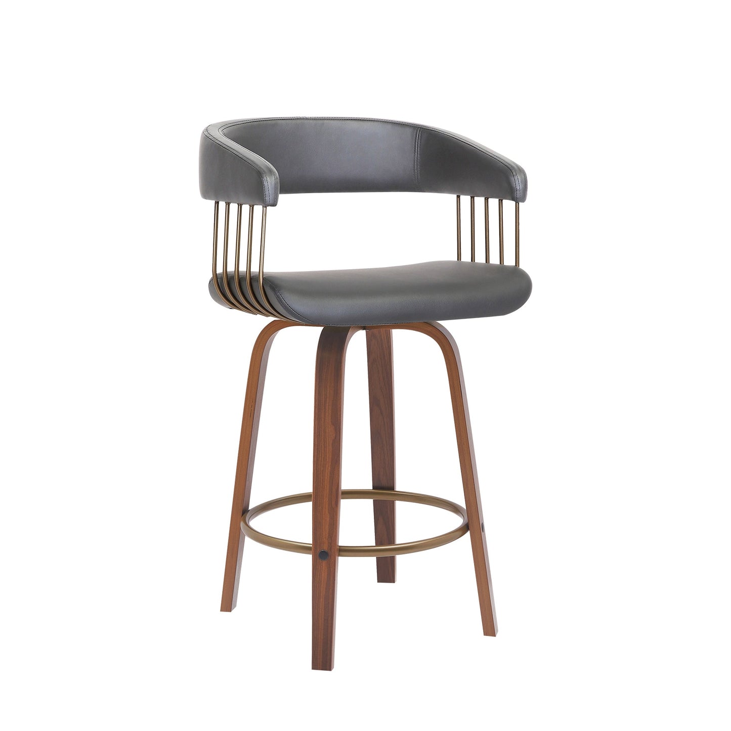 Topanga 26" Swivel Walnut Wood Counter Stool in Gray Faux Leather with Golden Bronze Metal