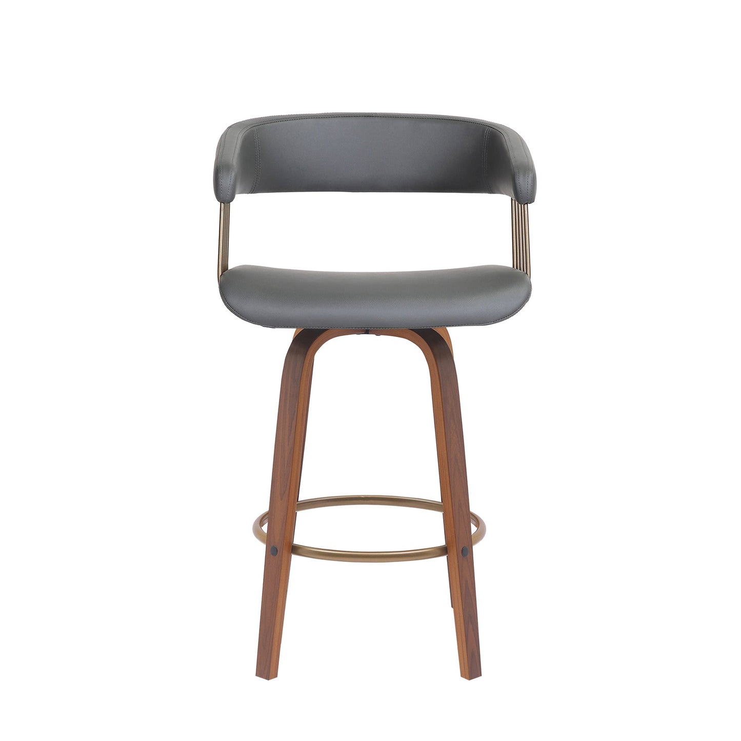 Topanga 26" Swivel Walnut Wood Counter Stool in Gray Faux Leather with Golden Bronze Metal