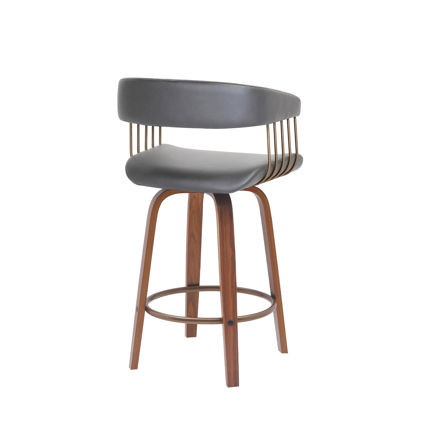 Topanga 26" Swivel Walnut Wood Counter Stool in Gray Faux Leather with Golden Bronze Metal