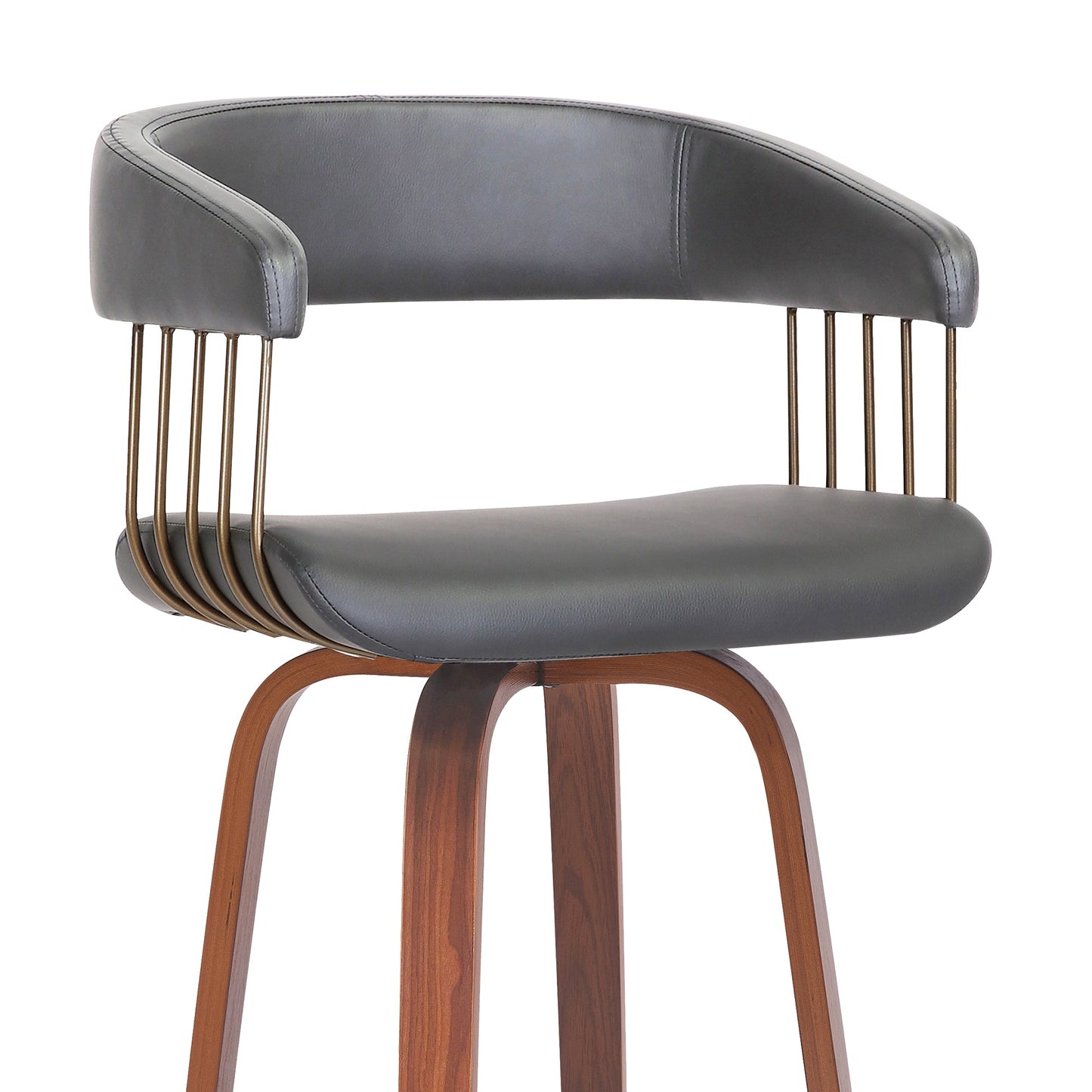 Topanga 26" Swivel Walnut Wood Counter Stool in Gray Faux Leather with Golden Bronze Metal