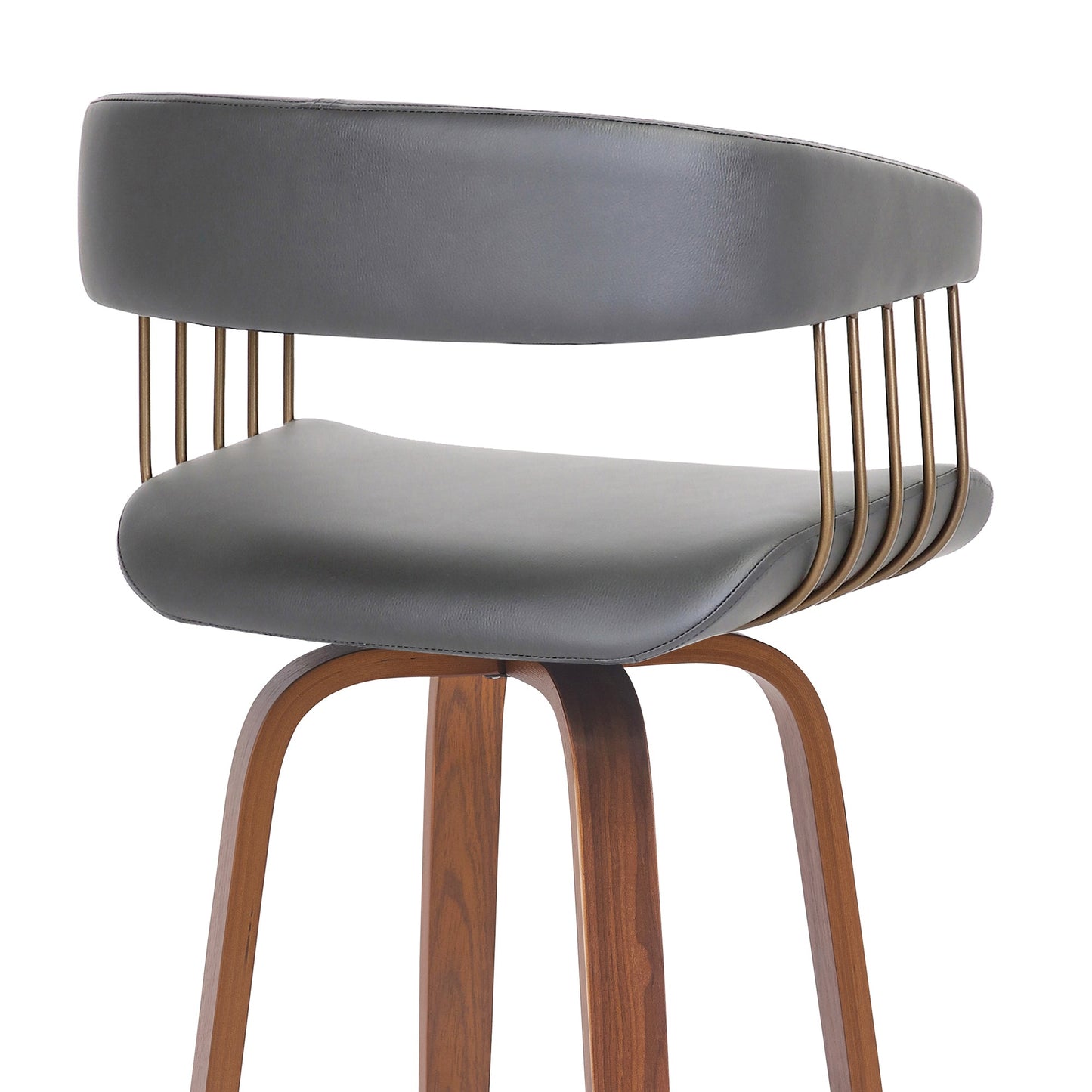 Topanga 26" Swivel Walnut Wood Counter Stool in Gray Faux Leather with Golden Bronze Metal