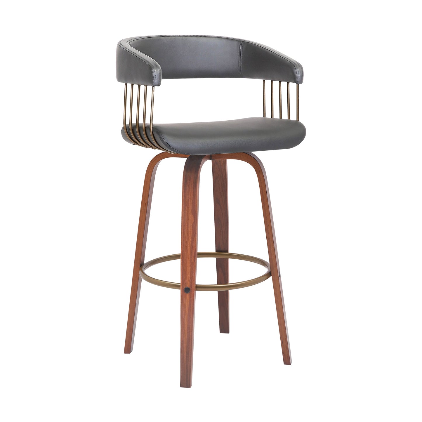 Topanga 30.5" Swivel Walnut Wood Bar Stool in Gray Faux Leather with Golden Bronze Metal