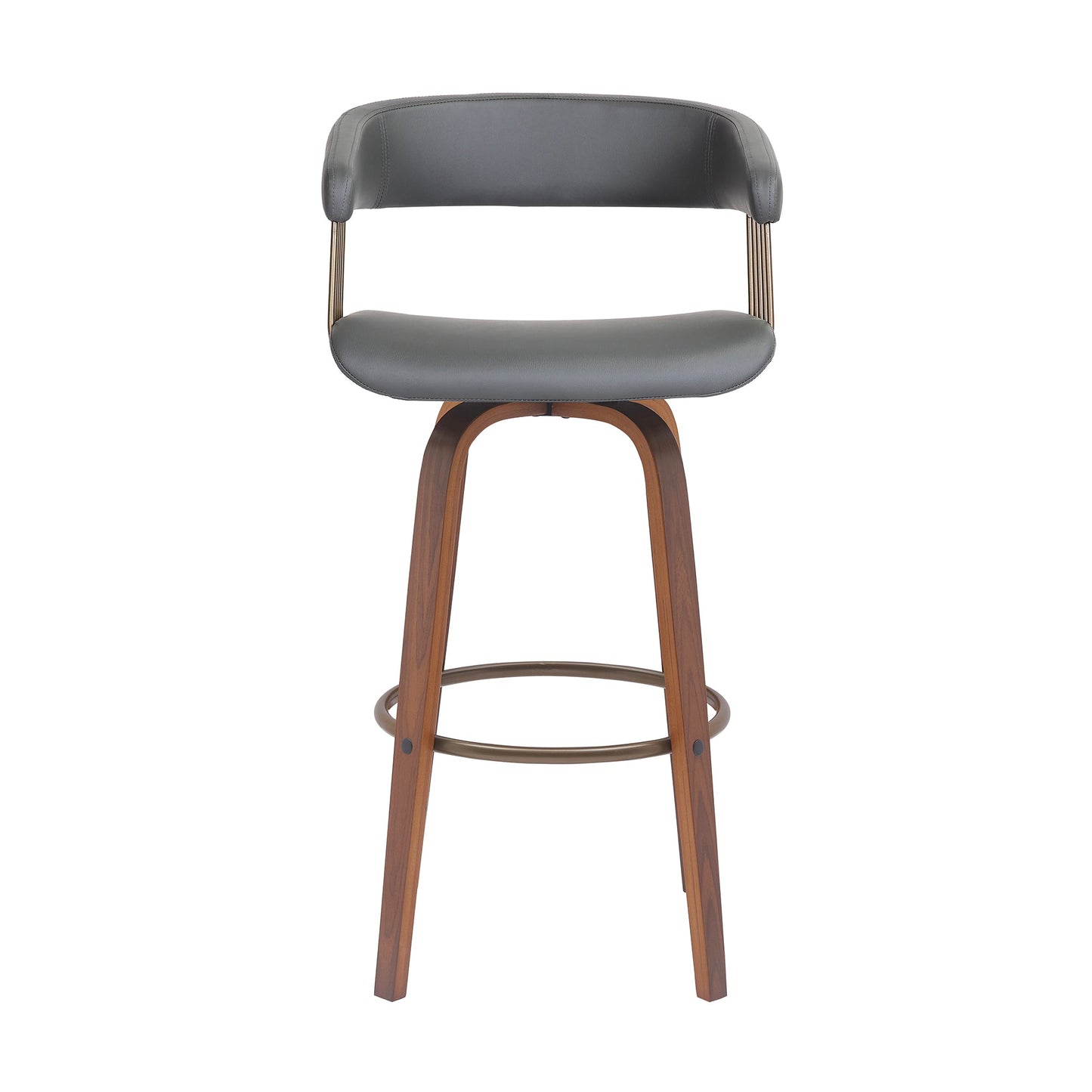 Topanga 30.5" Swivel Walnut Wood Bar Stool in Gray Faux Leather with Golden Bronze Metal