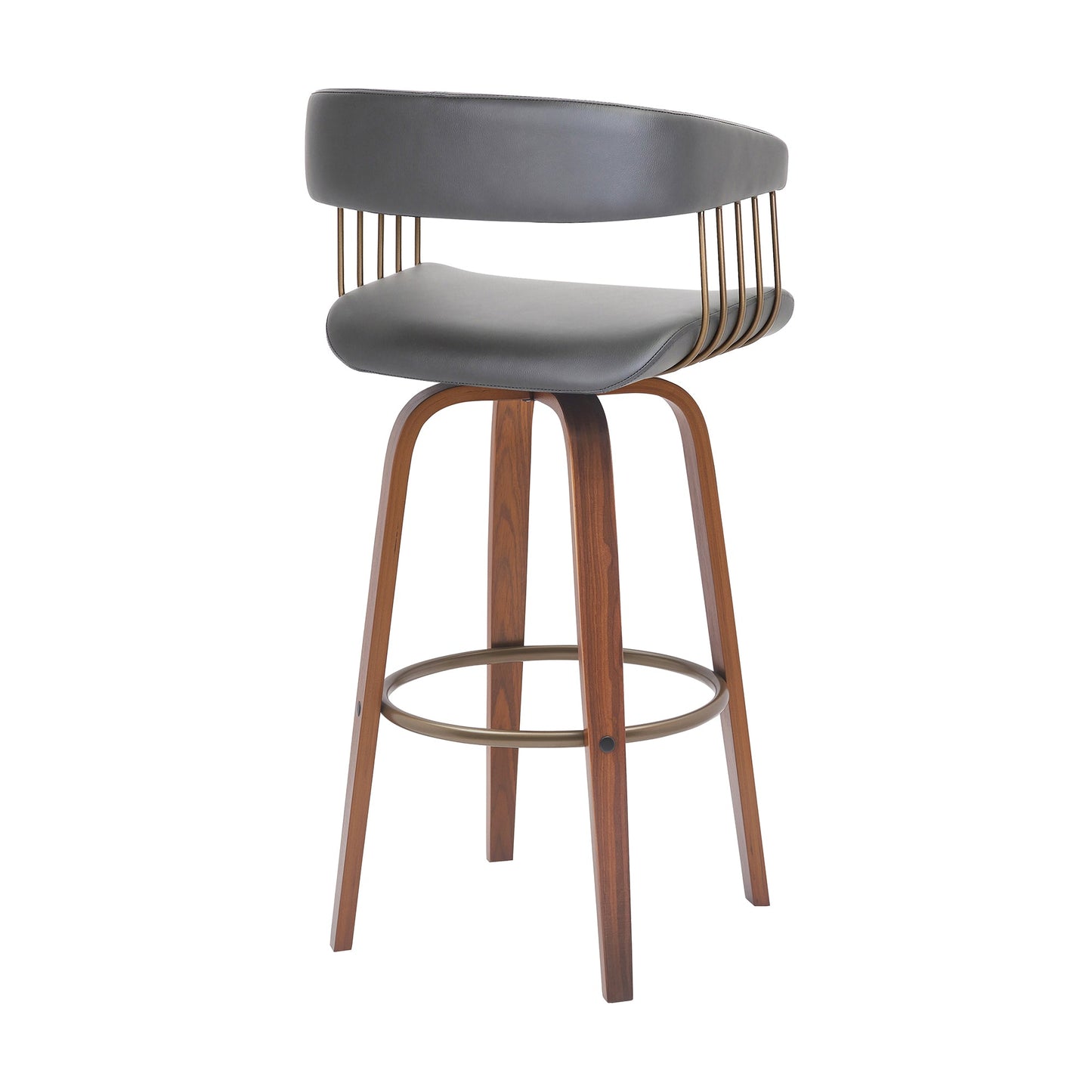 Topanga 30.5" Swivel Walnut Wood Bar Stool in Gray Faux Leather with Golden Bronze Metal