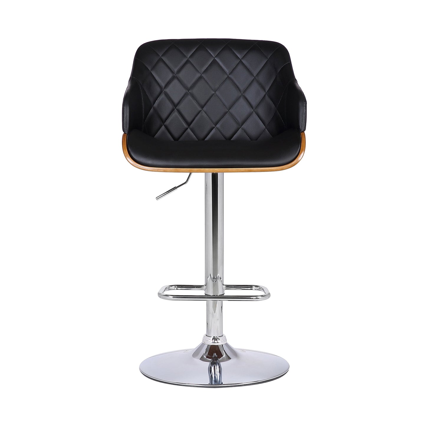 Toby Black Faux Leather Adjustable Height Swivel Walnut Wood and Chrome Bar Stool