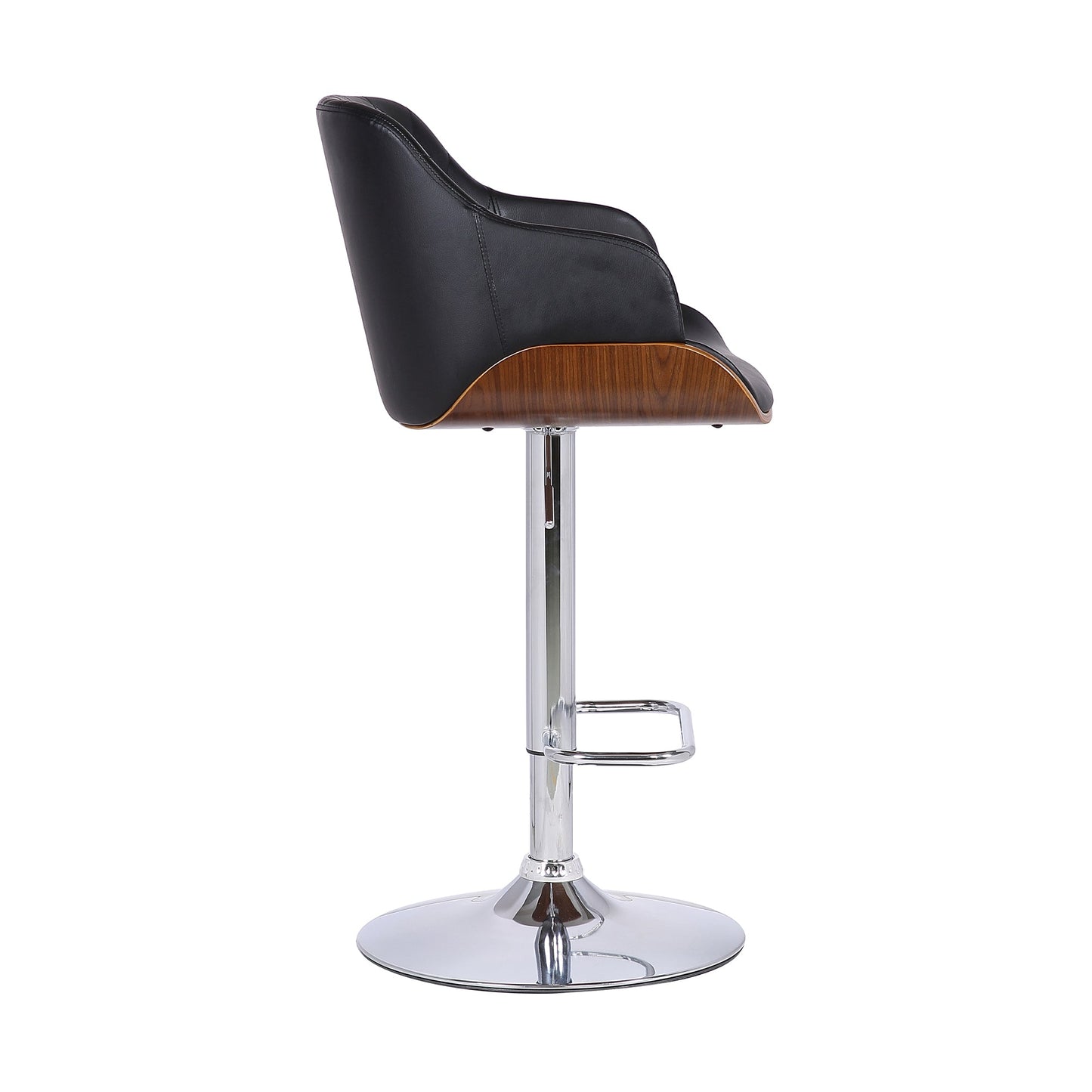 Toby Black Faux Leather Adjustable Height Swivel Walnut Wood and Chrome Bar Stool