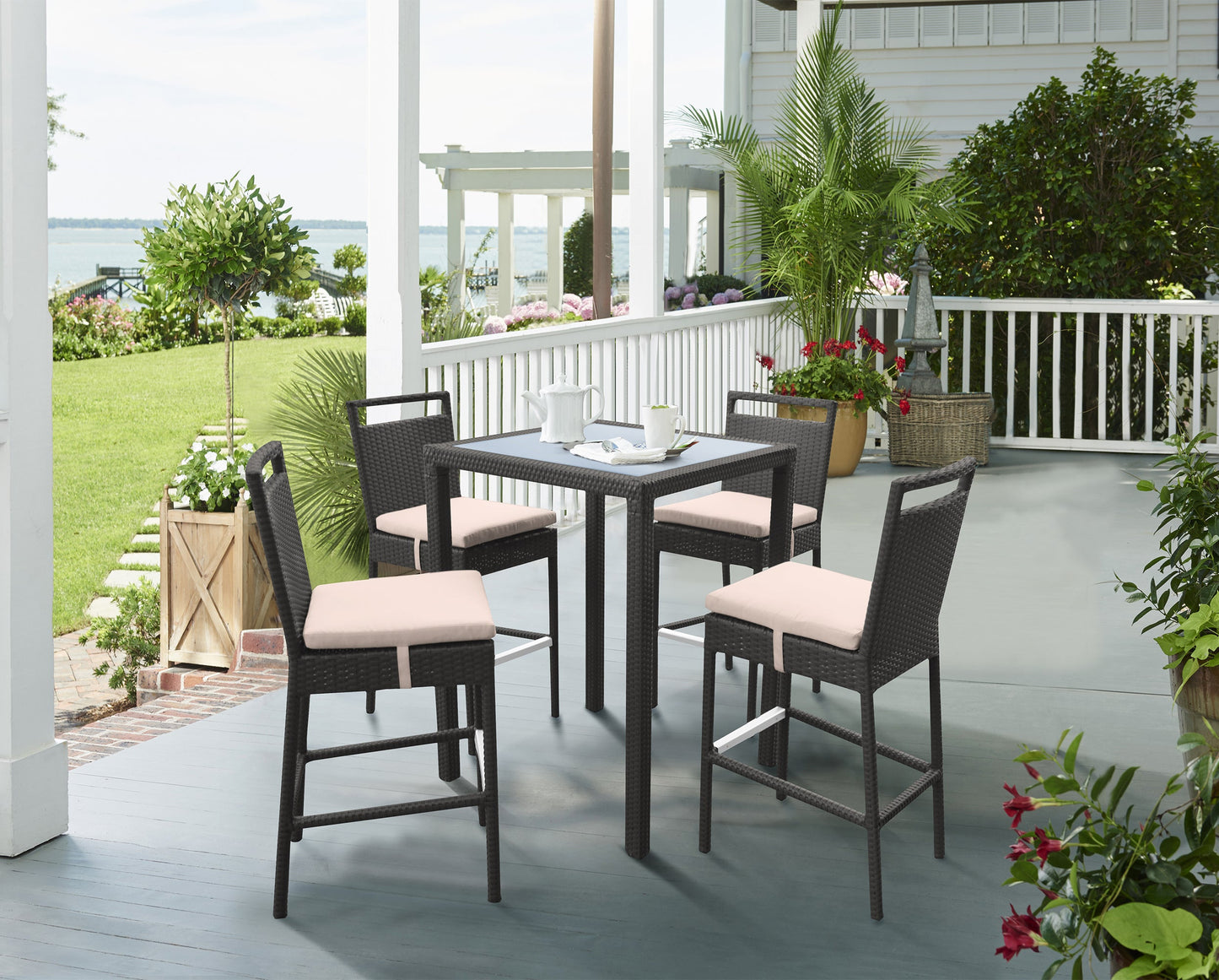 Tropez Outdoor Patio Wicker Barstool with Water Resistant Beige Fabric Cushions