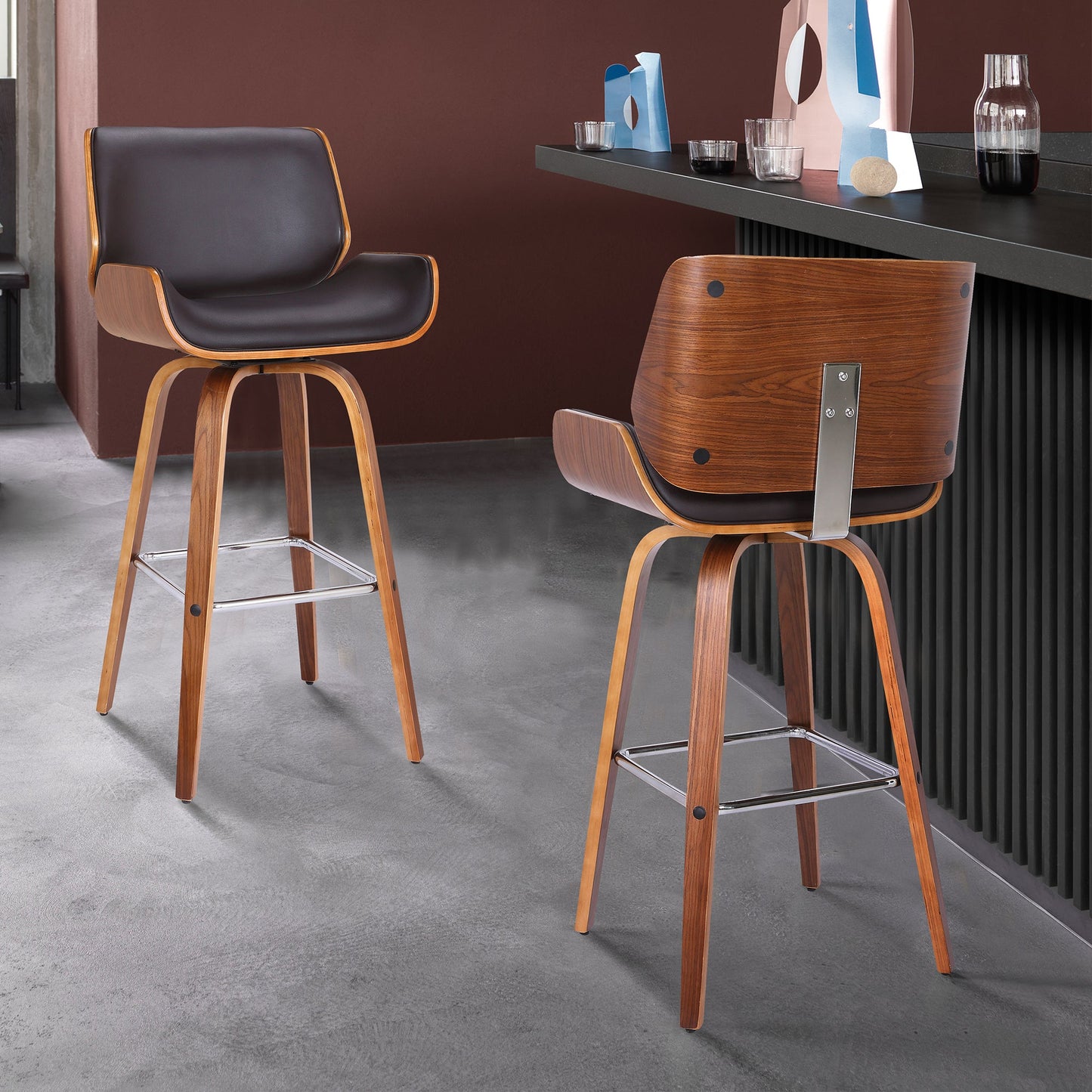 Tyler 26" Counter Height Swivel Brown Faux Leather and Walnut Wood Bar Stool