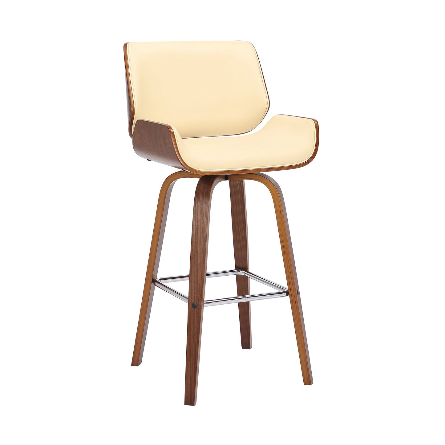 Tyler 30" Bar Height Swivel Cream Faux Leather and Walnut Wood Bar Stool