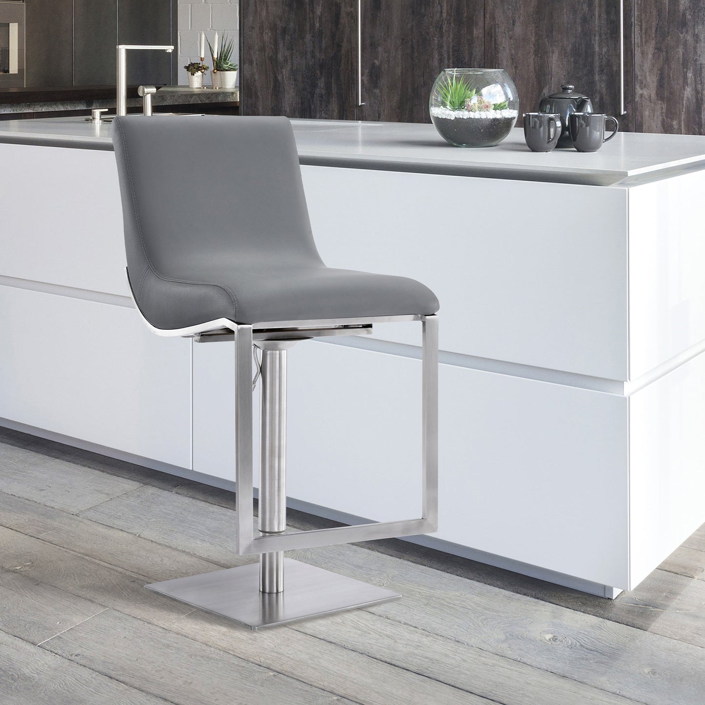 Victory Contemporary Swivel Barstool in Brushed Stainless Steel and Gray Faux Leather