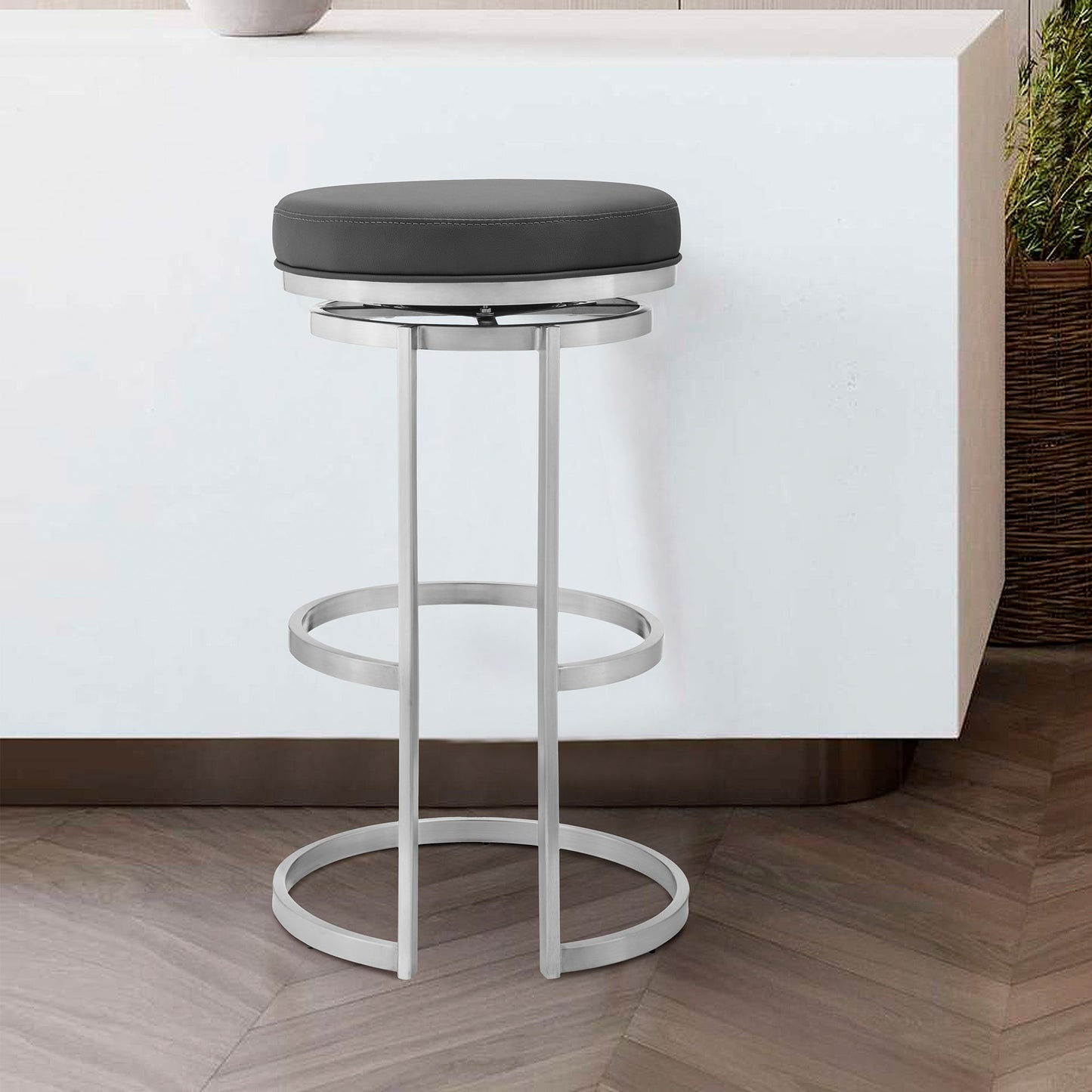 Vander 30" Gray Faux Leather and Brushed Stainless Steel Swivel Bar Stool