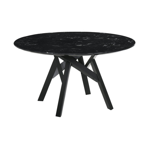 Venus 54" Round Mid-Century Modern Black Marble Dining Table with Black Wood Legs