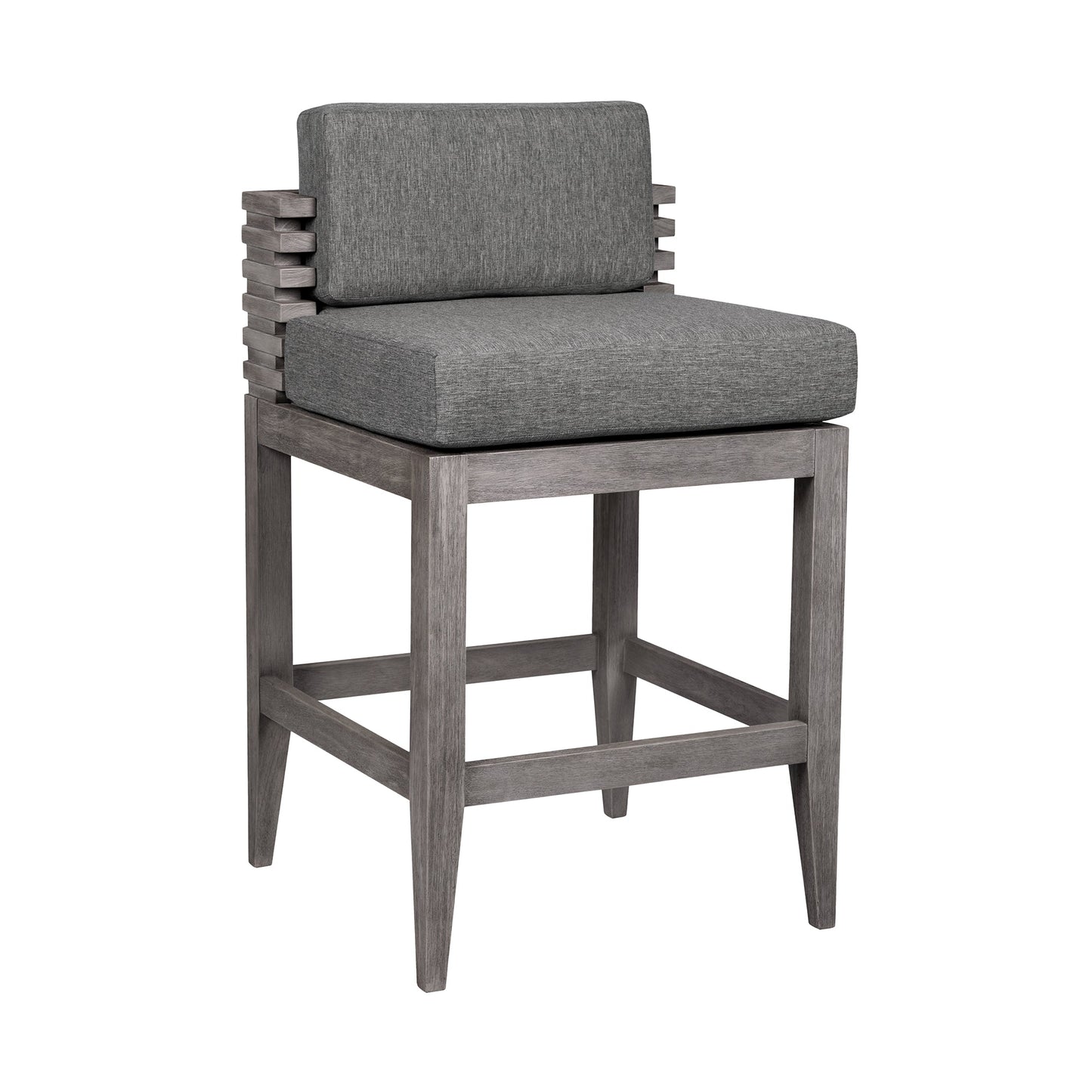 Vivid Outdoor Patio Counter Stool in Gray Eucalyptus Wood with Gray Olefin Cushions