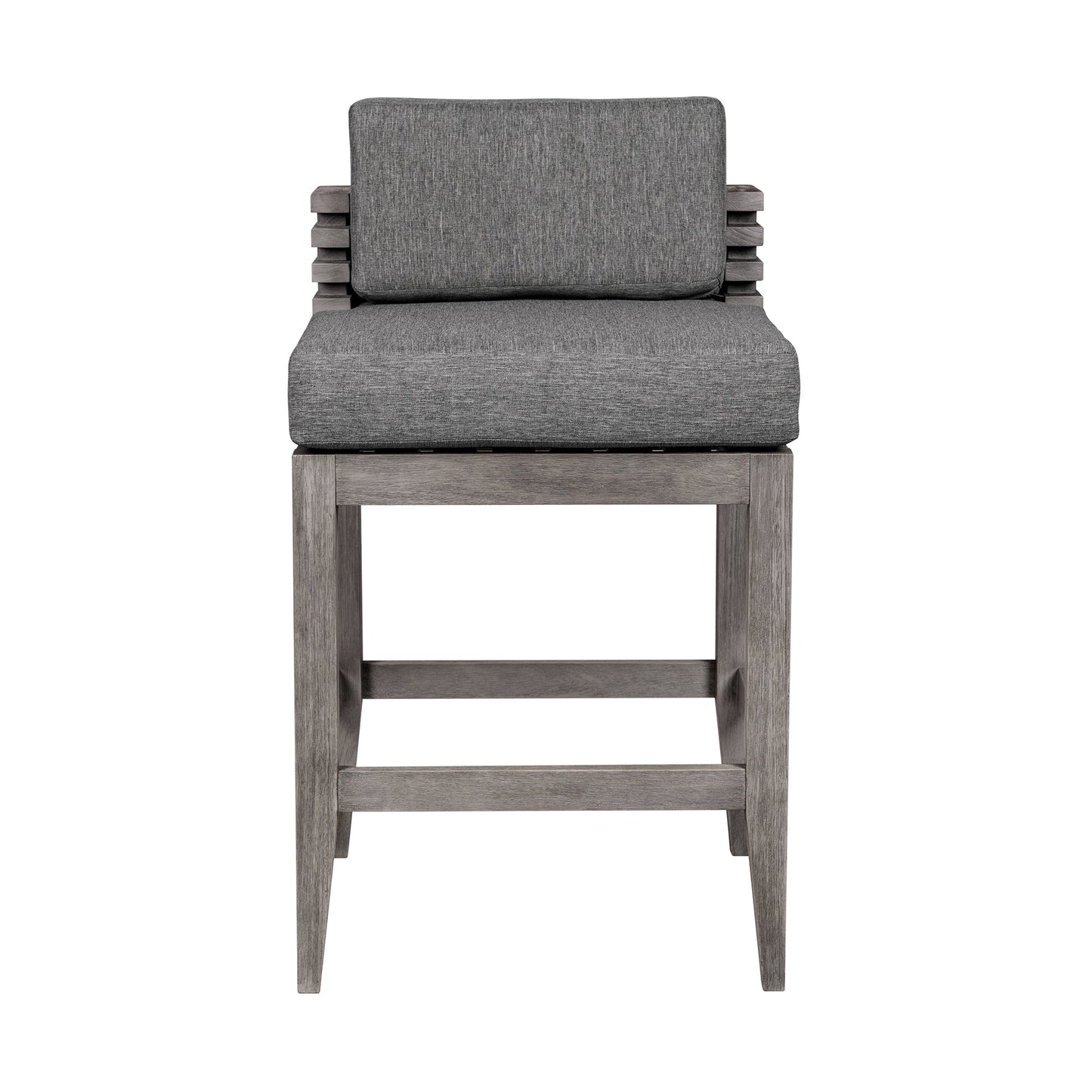 Vivid Outdoor Patio Counter Stool in Gray Eucalyptus Wood with Gray Olefin Cushions