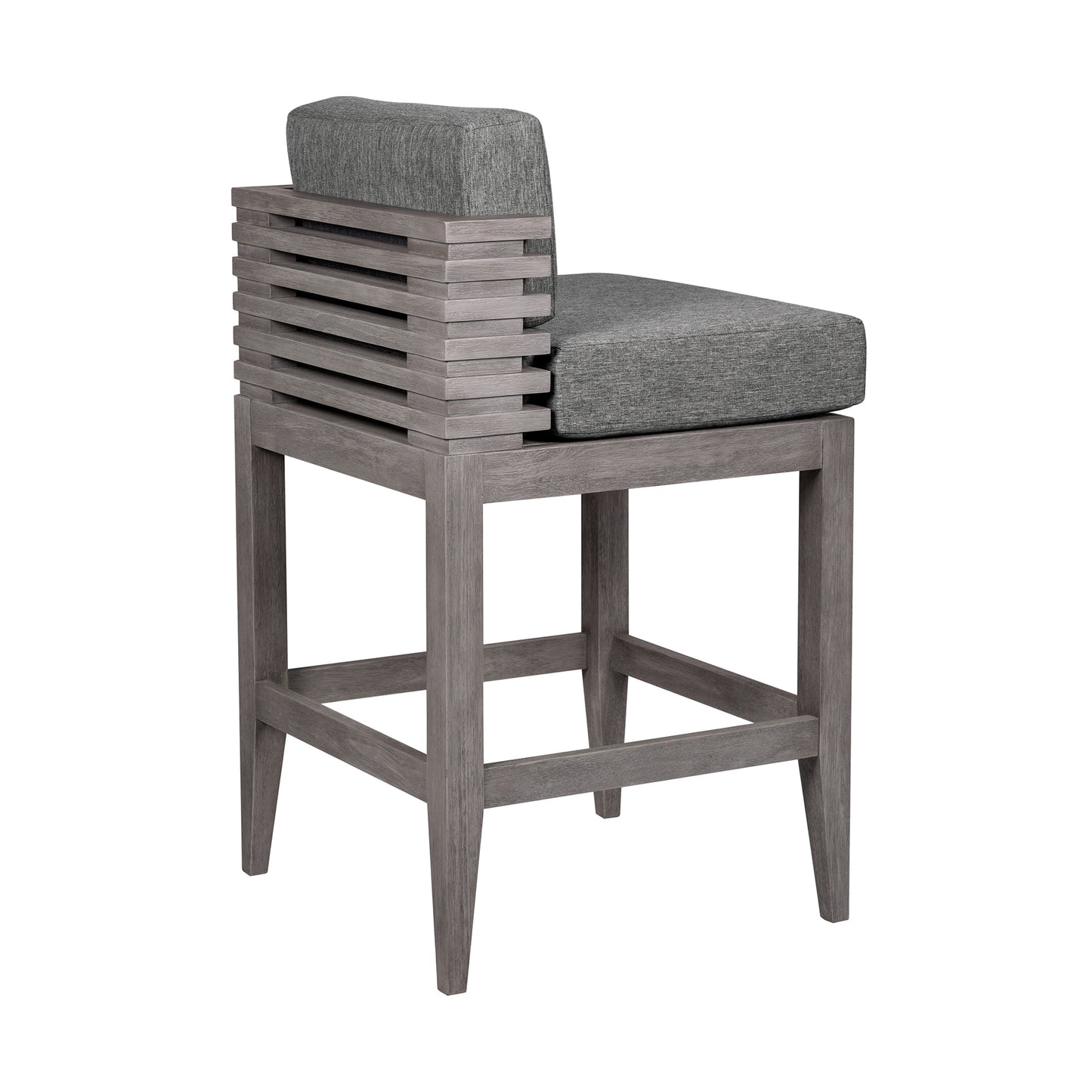 Vivid Outdoor Patio Counter Stool in Gray Eucalyptus Wood with Gray Olefin Cushions