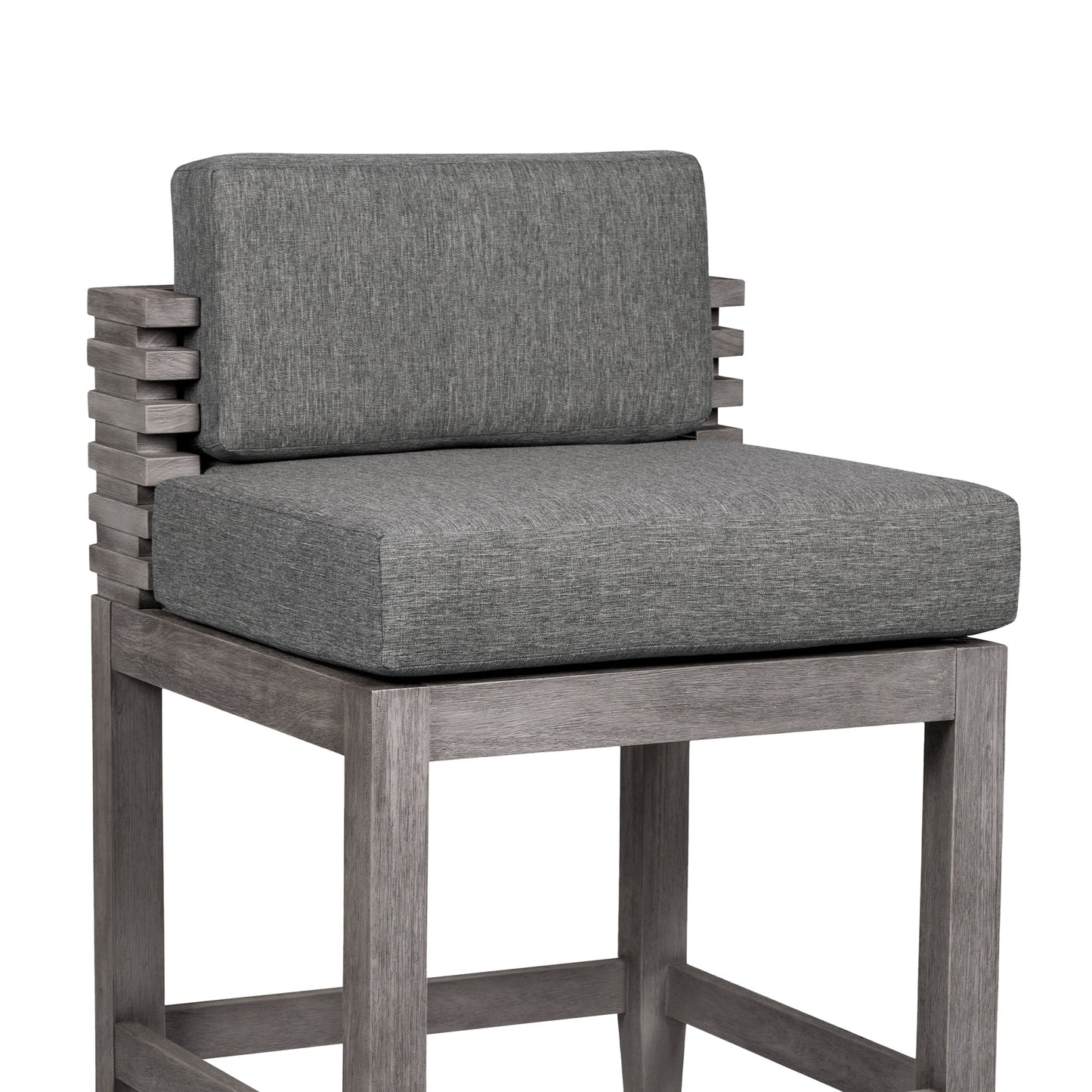 Vivid Outdoor Patio Counter Stool in Gray Eucalyptus Wood with Gray Olefin Cushions