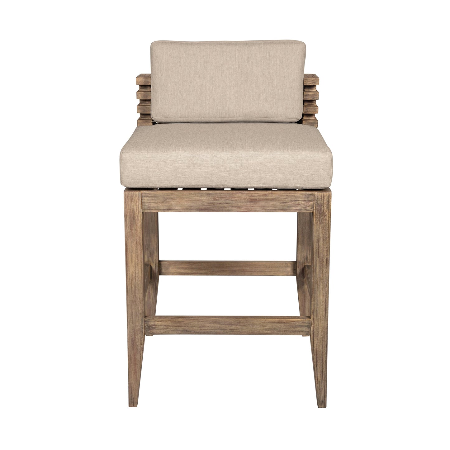 Vivid Outdoor Patio Counter Stool in Light Eucalyptus Wood with Taupe Olefin Cushions