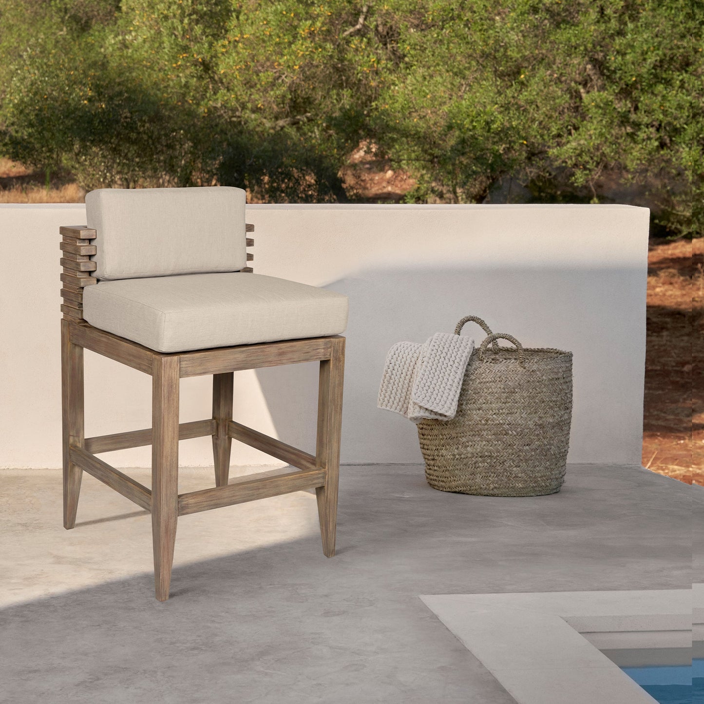 Vivid Outdoor Patio Counter Stool in Light Eucalyptus Wood with Taupe Olefin Cushions