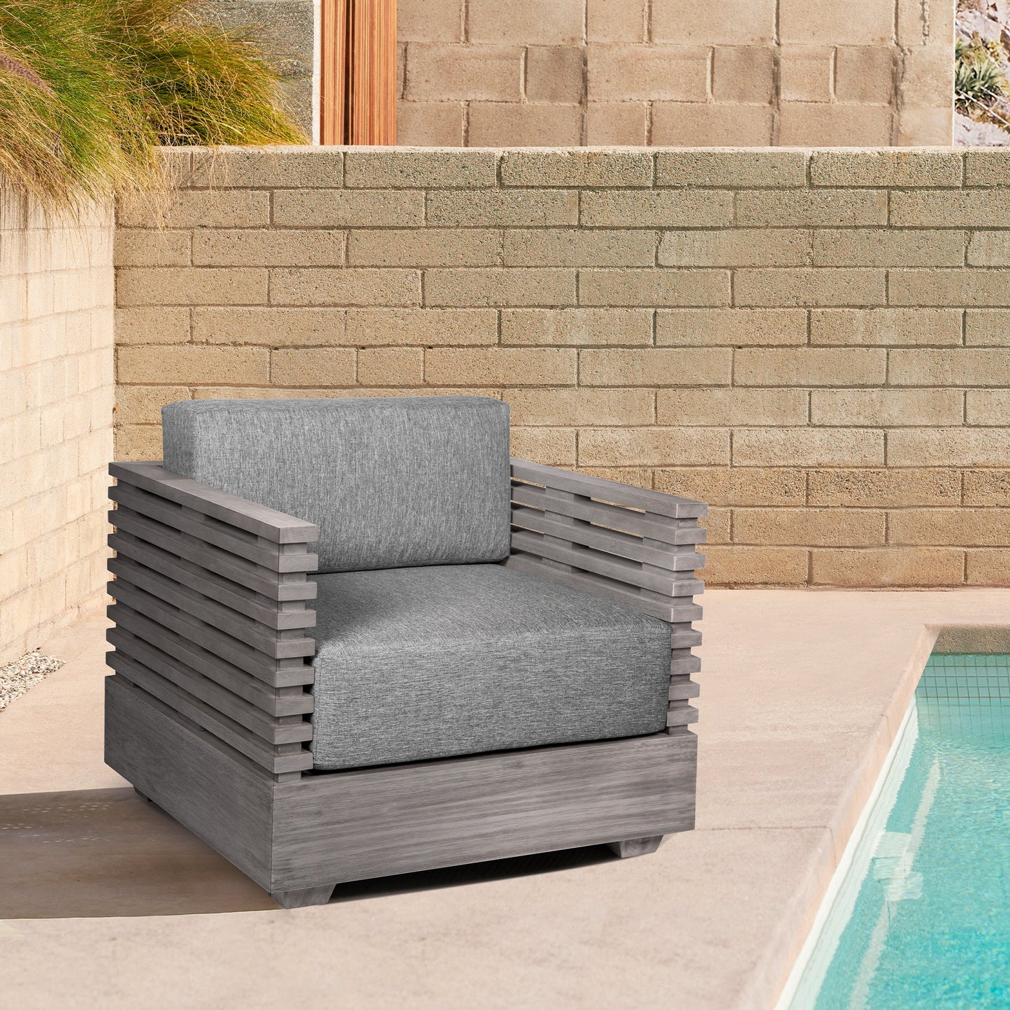 Vivid Outdoor Patio Chair in Gray Eucalyptus Wood with Gray Olefin Cushions