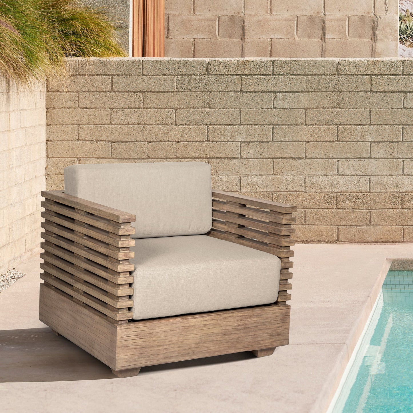 Vivid Outdoor Patio Chair in Light Eucalyptus Wood with Taupe Olefin Cushions