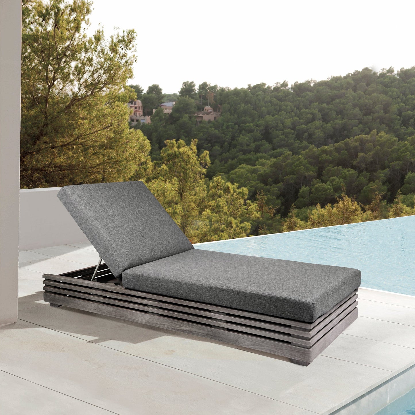 Vivid Outdoor Patio Chaise Lounge Chair in Gray Eucalyptus Wood with Gray Olefin Cushions