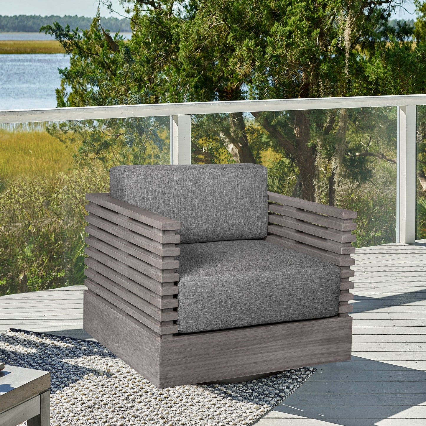 Vivid Swivel Outdoor Patio Chair in Gray Eucalyptus Wood with Gray Olefin Cushions