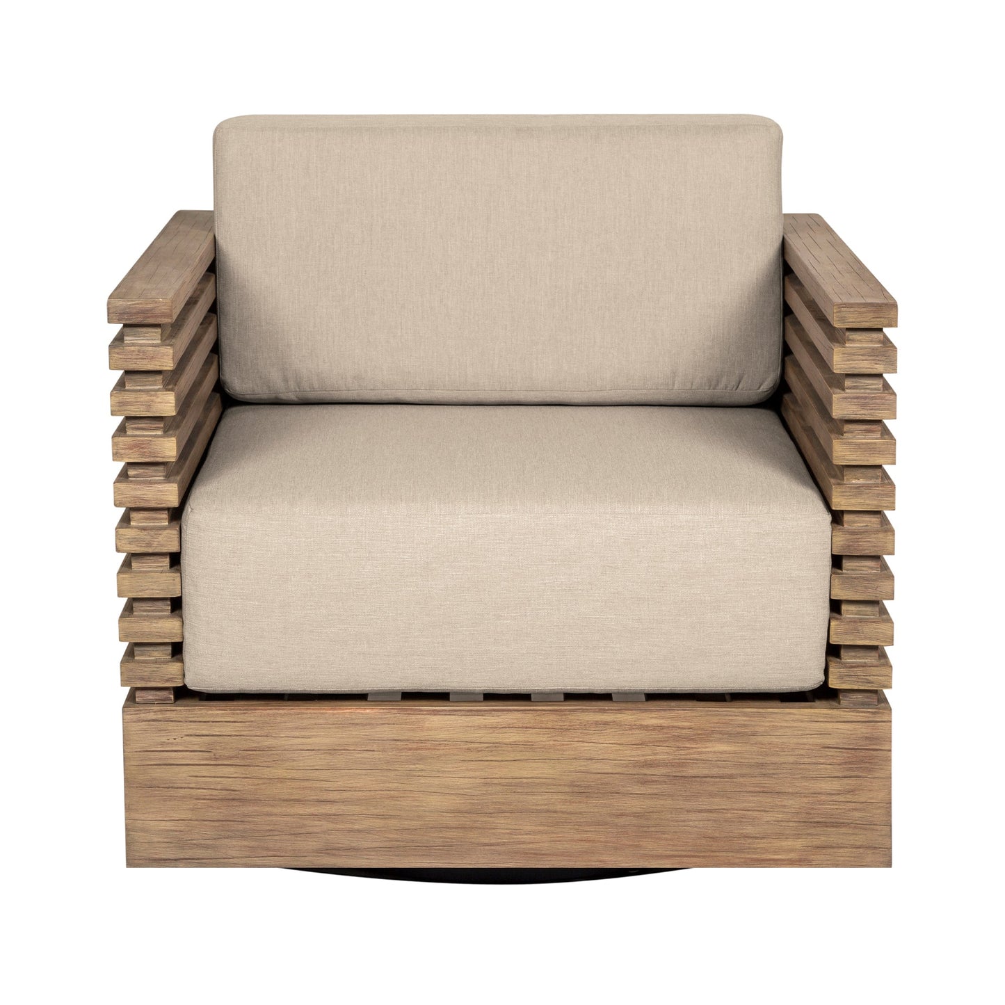 Vivid Swivel Outdoor Patio Chair in Light Eucalyptus Wood with Taupe Olefin Cushions