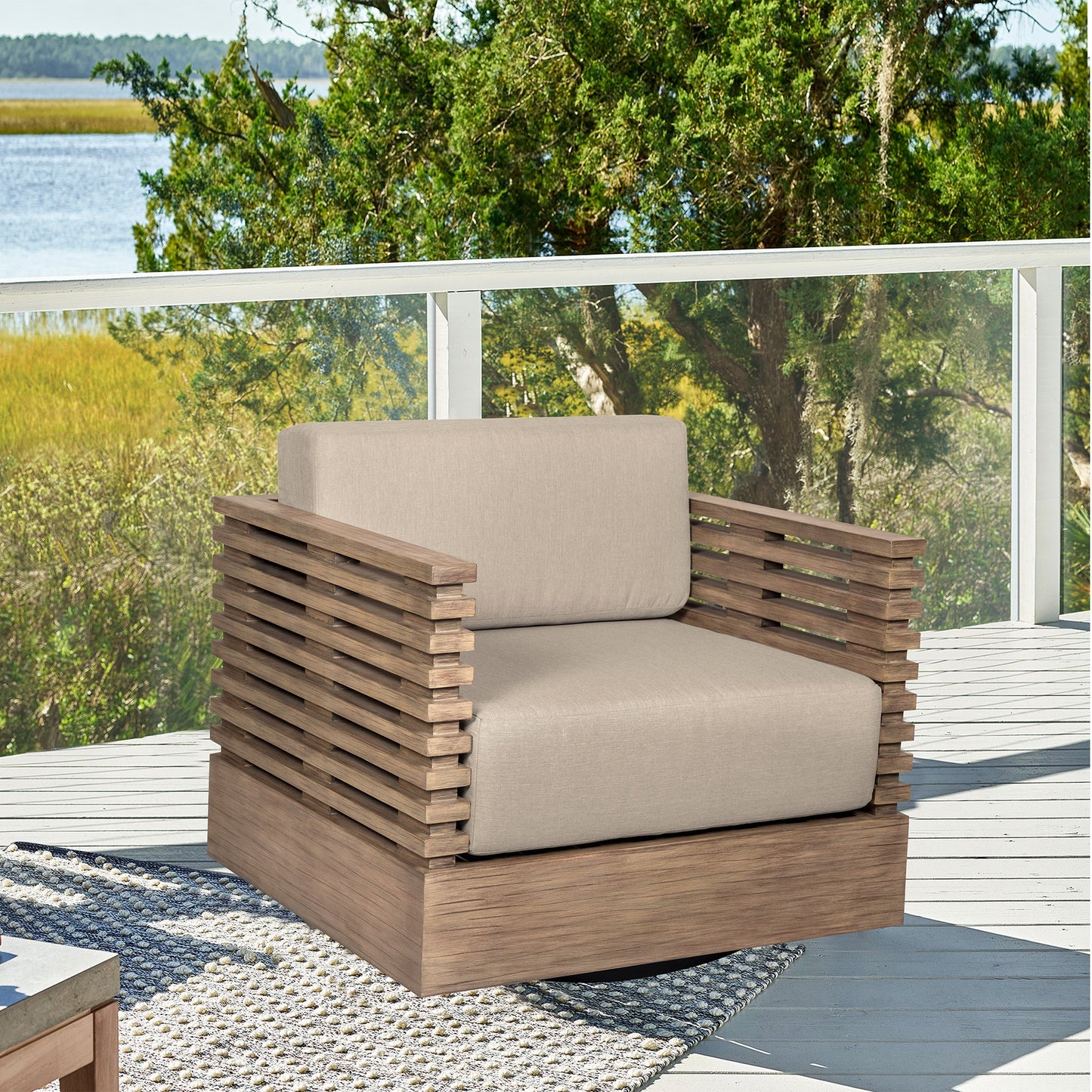 Vivid Swivel Outdoor Patio Chair in Light Eucalyptus Wood with Taupe Olefin Cushions