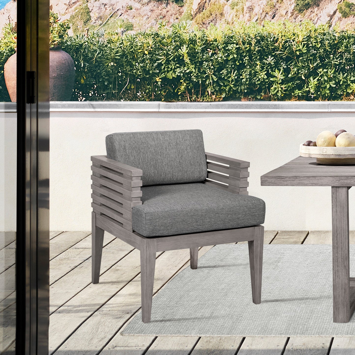 Vivid Outdoor Patio Dining Chair in Gray Eucalyptus Wood with Gray Olefin Cushions