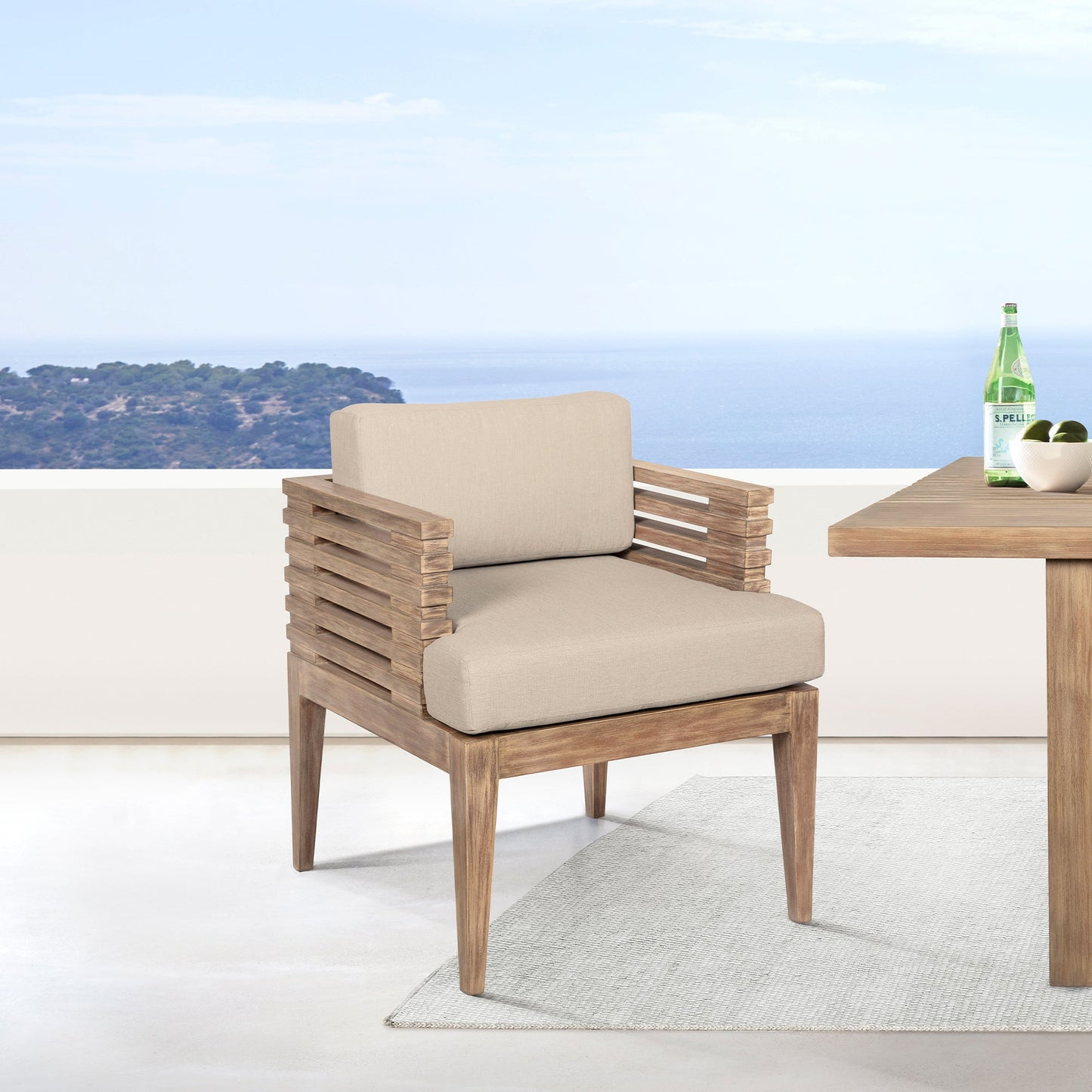 Vivid Outdoor Patio Dining Chair in Light Eucalyptus Wood with Taupe Olefin Cushions