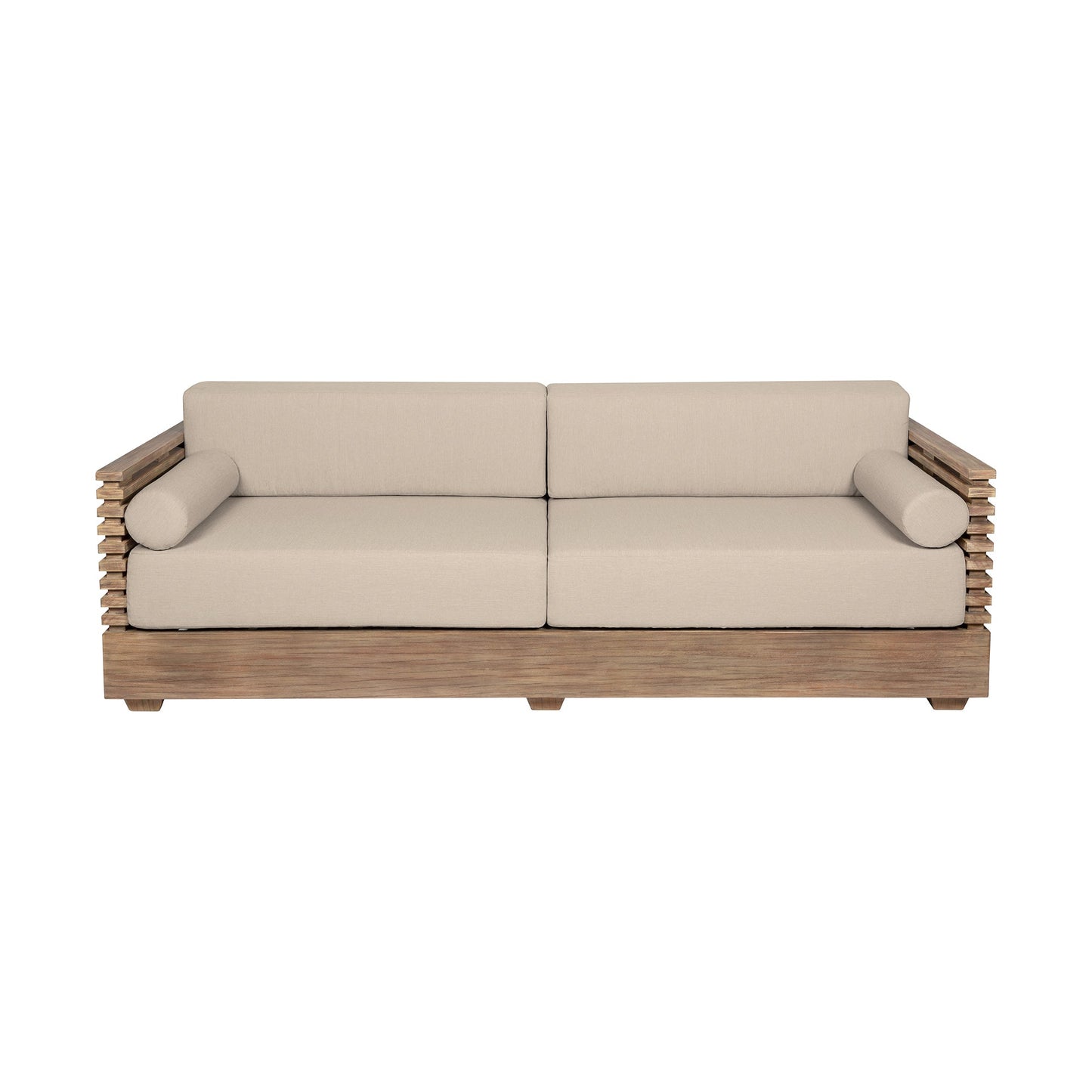 Vivid Outdoor Patio Sofa in Light Eucalyptus Wood with Taupe Olefin Cushions