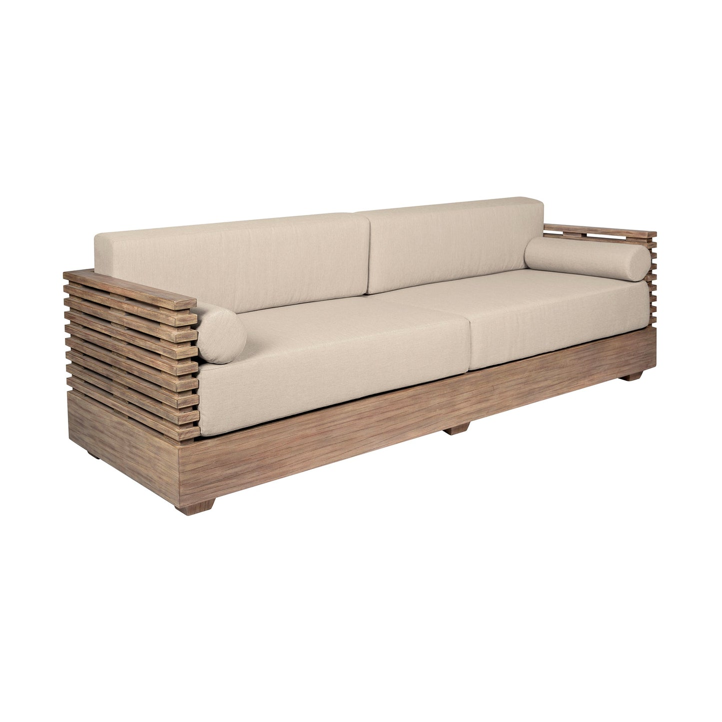 Vivid Outdoor Patio Sofa in Light Eucalyptus Wood with Taupe Olefin Cushions