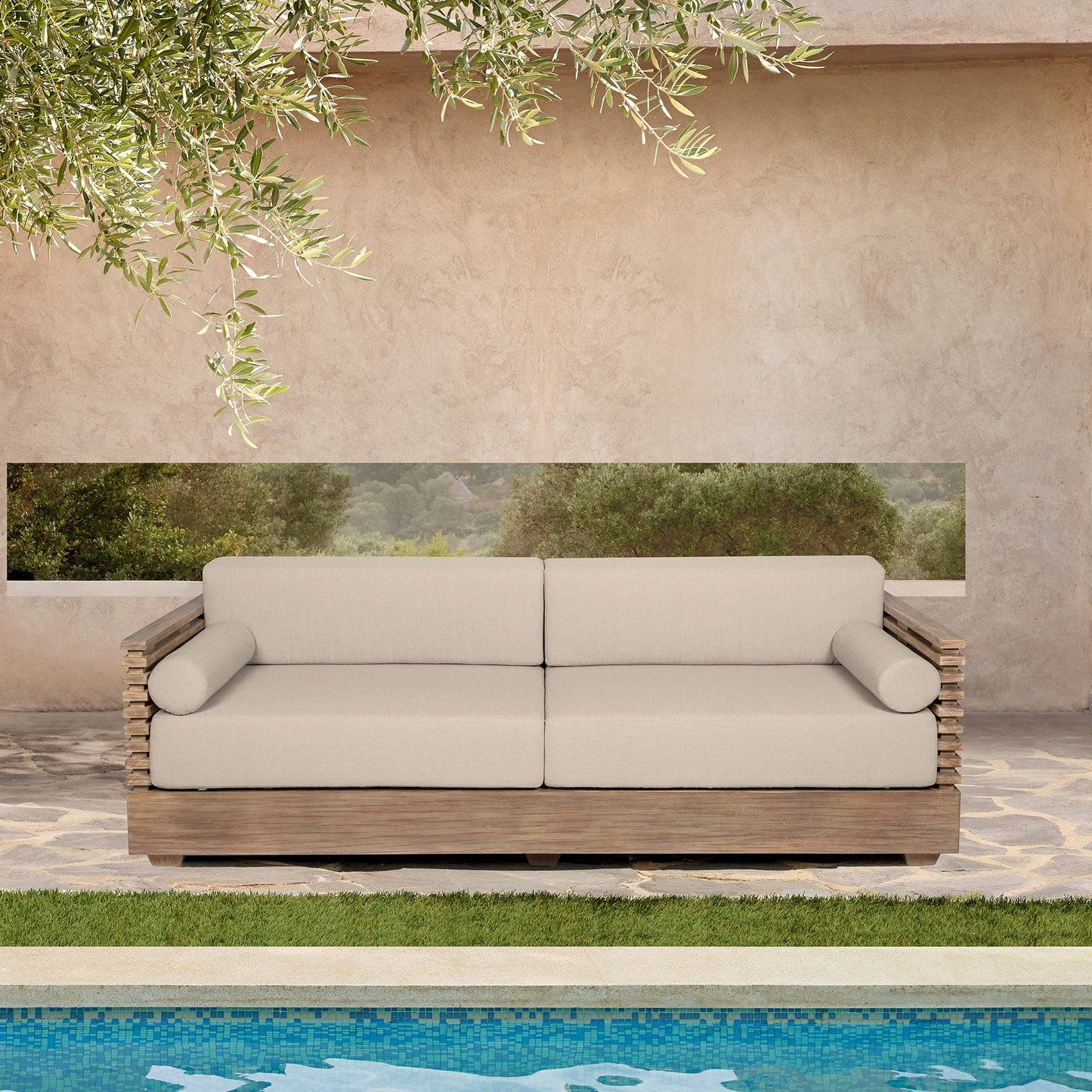 Vivid Outdoor Patio Sofa in Light Eucalyptus Wood with Taupe Olefin Cushions